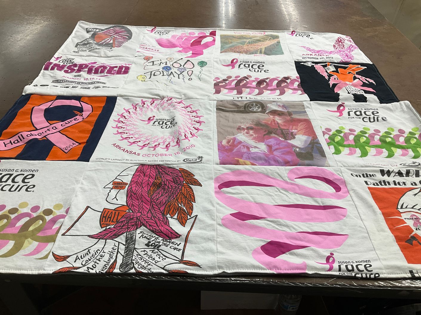 T-shirt quilt with breast cancer awareness, fundraising themes by Elizabeth from AR