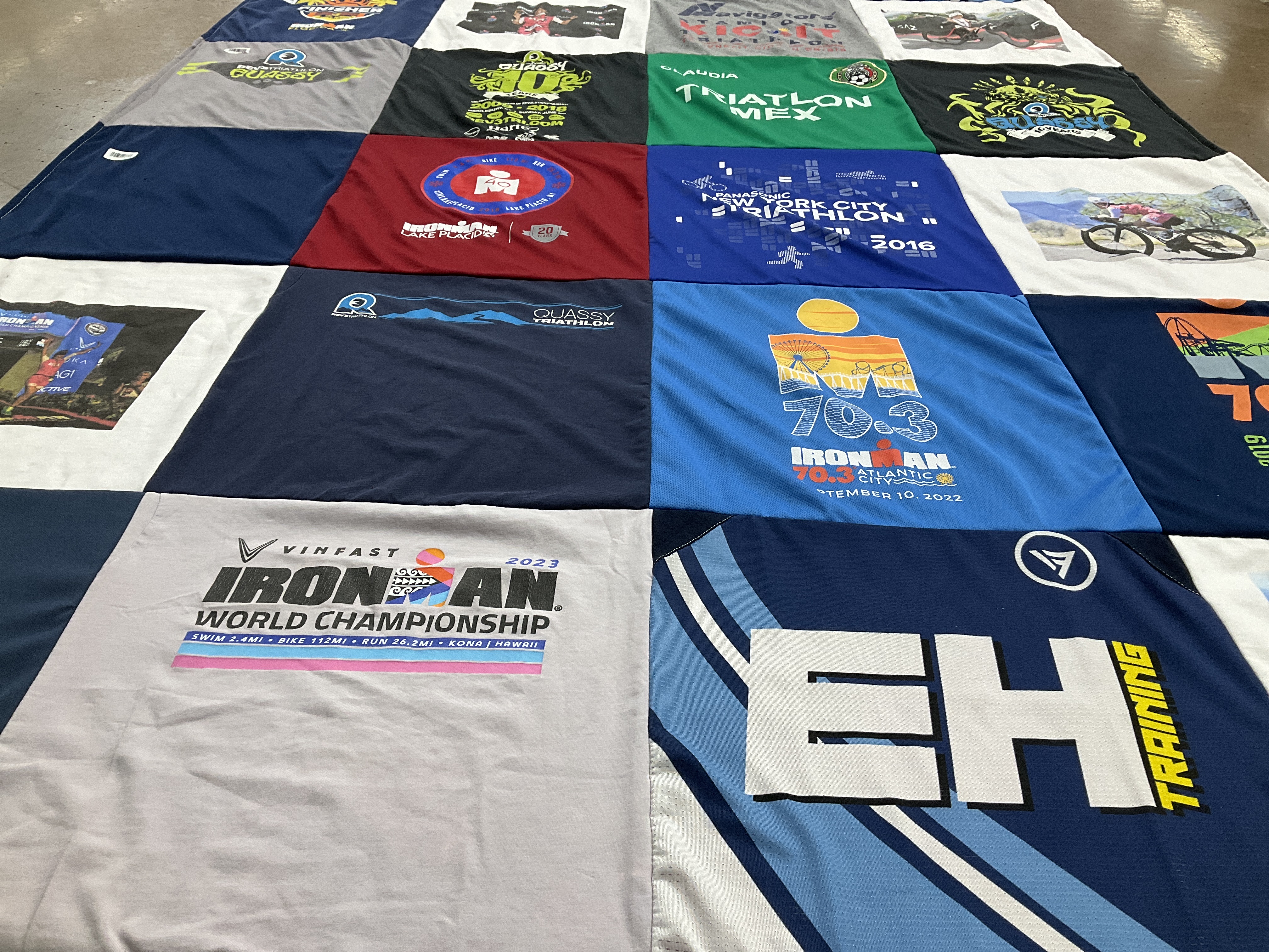 T-shirt quilt with triathlon, athletics themes by CLAUDIA from CT