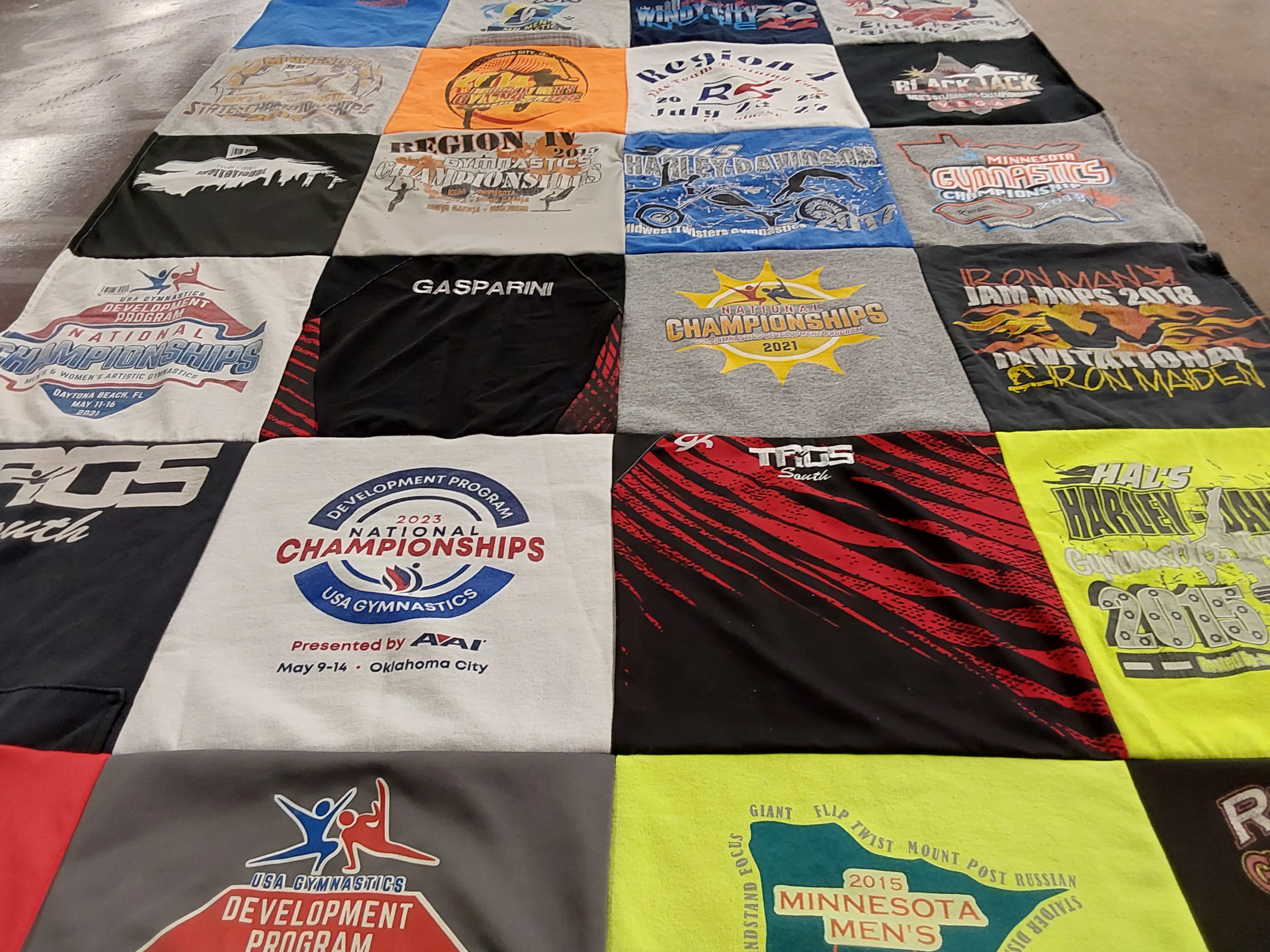 T-shirt quilt with gymnastics, sports themes by Krista from MN
