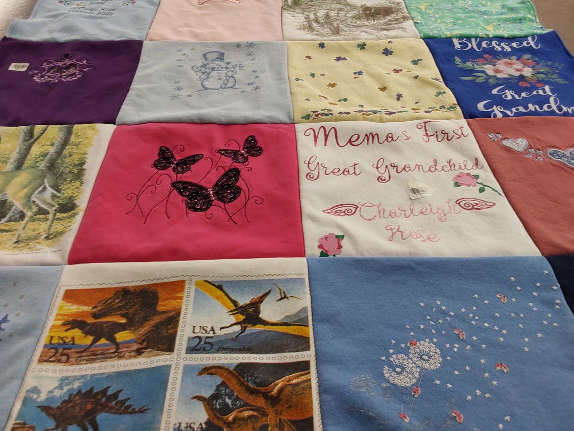 T-shirt quilt with butterflies, family themes by Mary Pat from NJ