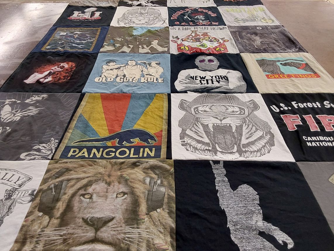 T-shirt quilt with wildlife, music themes by Dana from AZ
