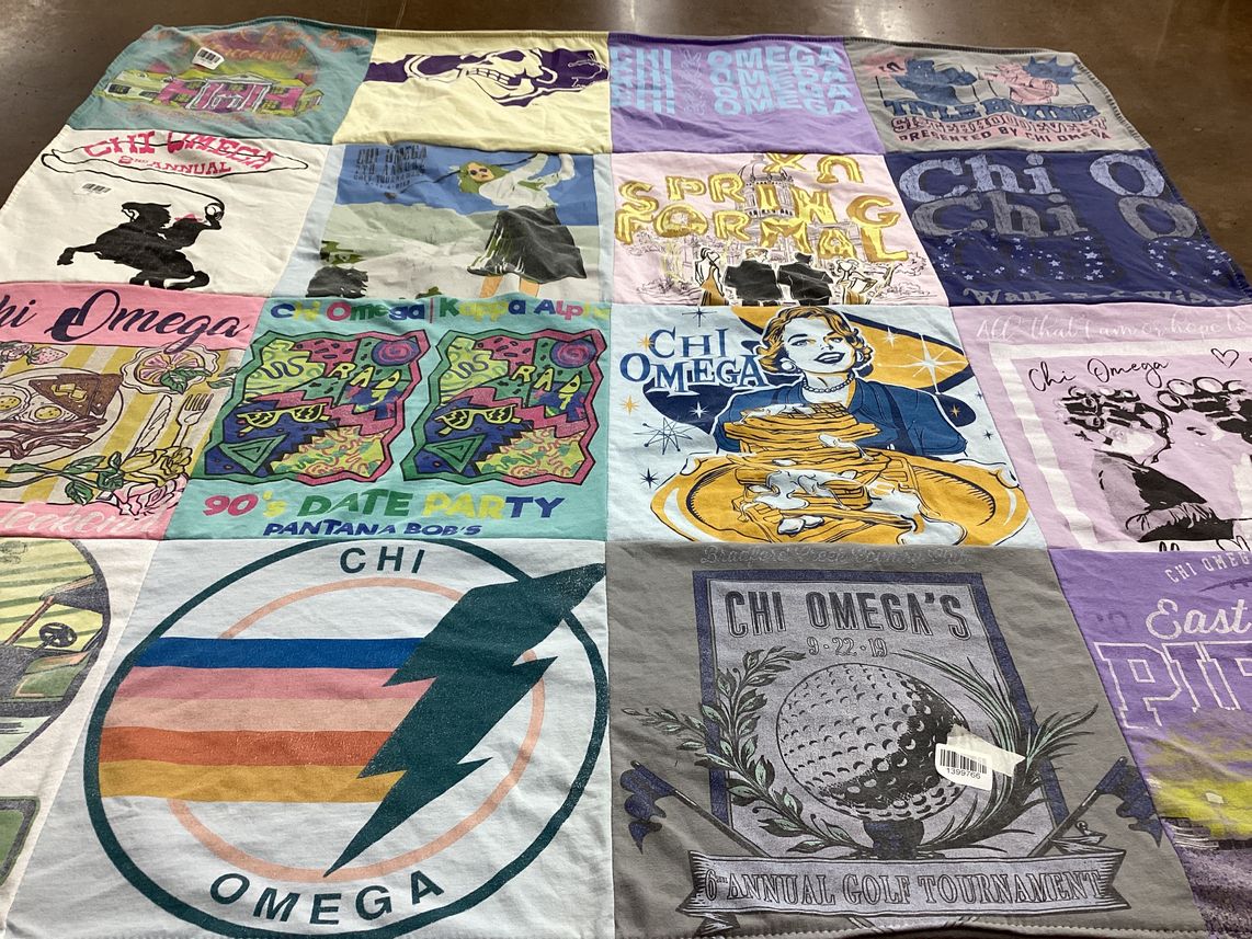 T-shirt quilt with sororities, cultural events themes by anya from NC
