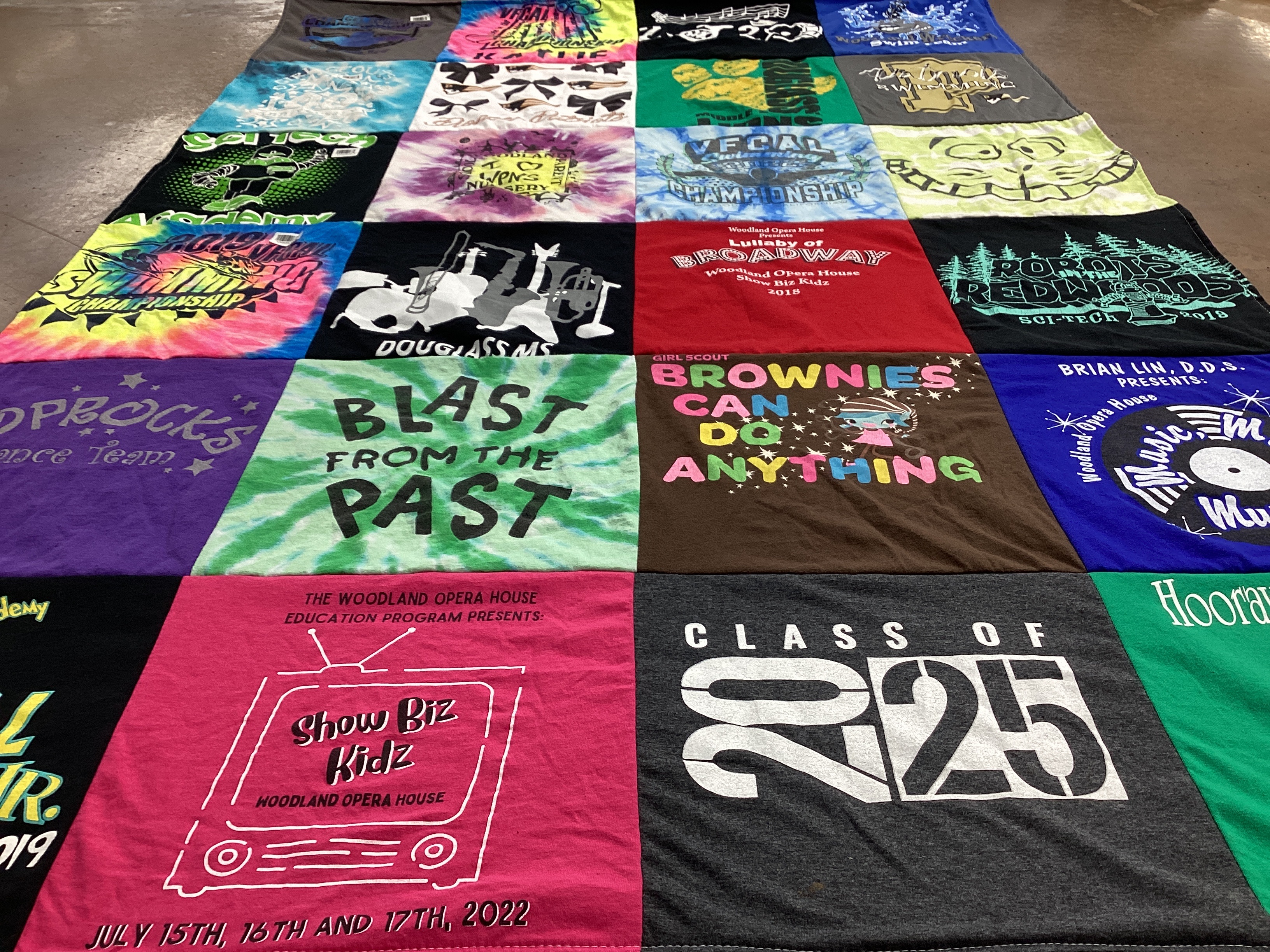 T-shirt quilt with theater, dance themes by Ann from CA