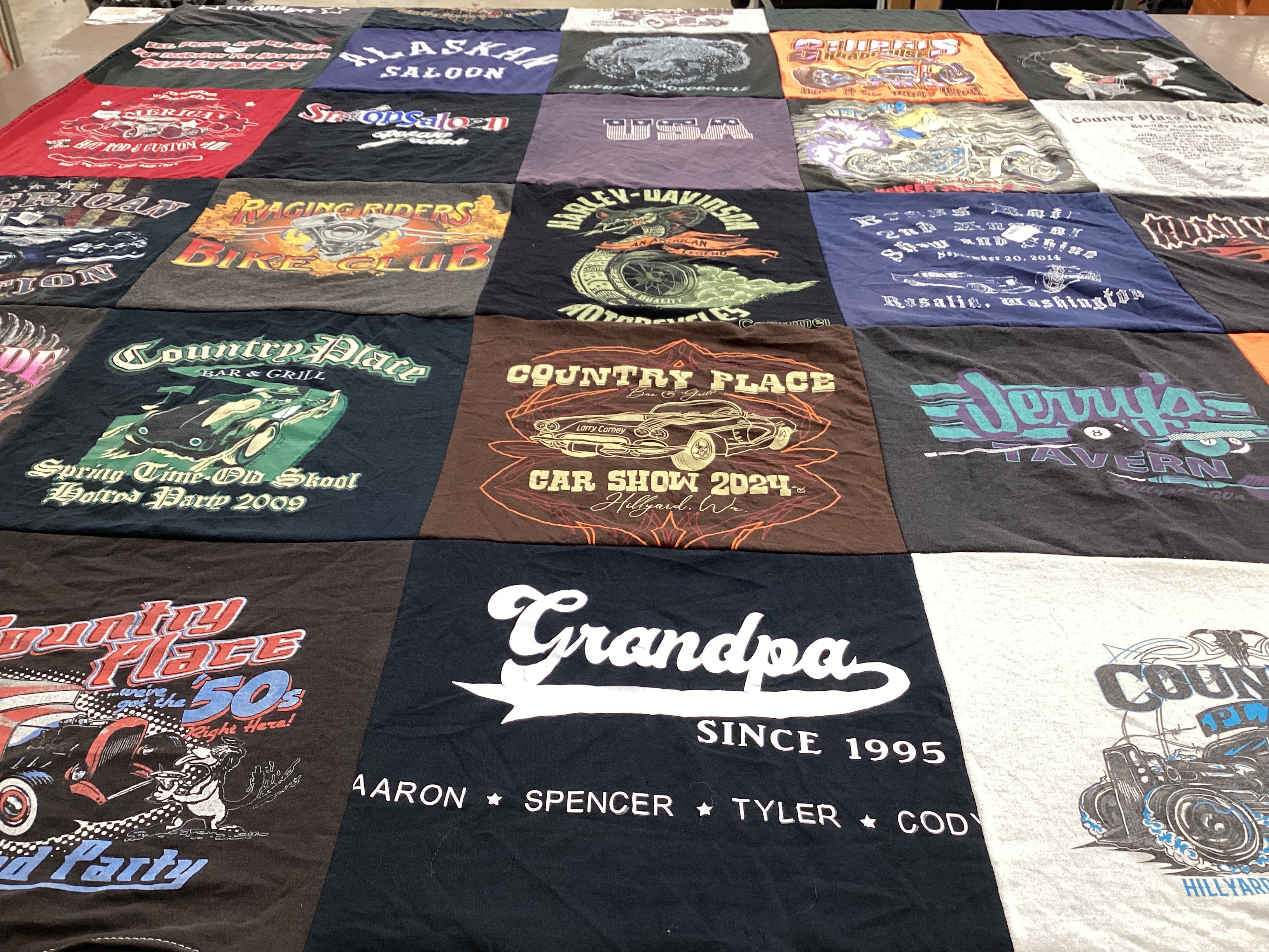 T-shirt quilt with motorcycles, cars themes by Stephanie from WA