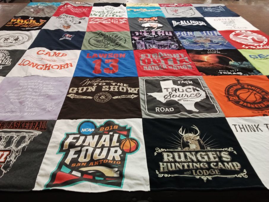 T-shirt quilt with camping, basketball themes by Dana from TX