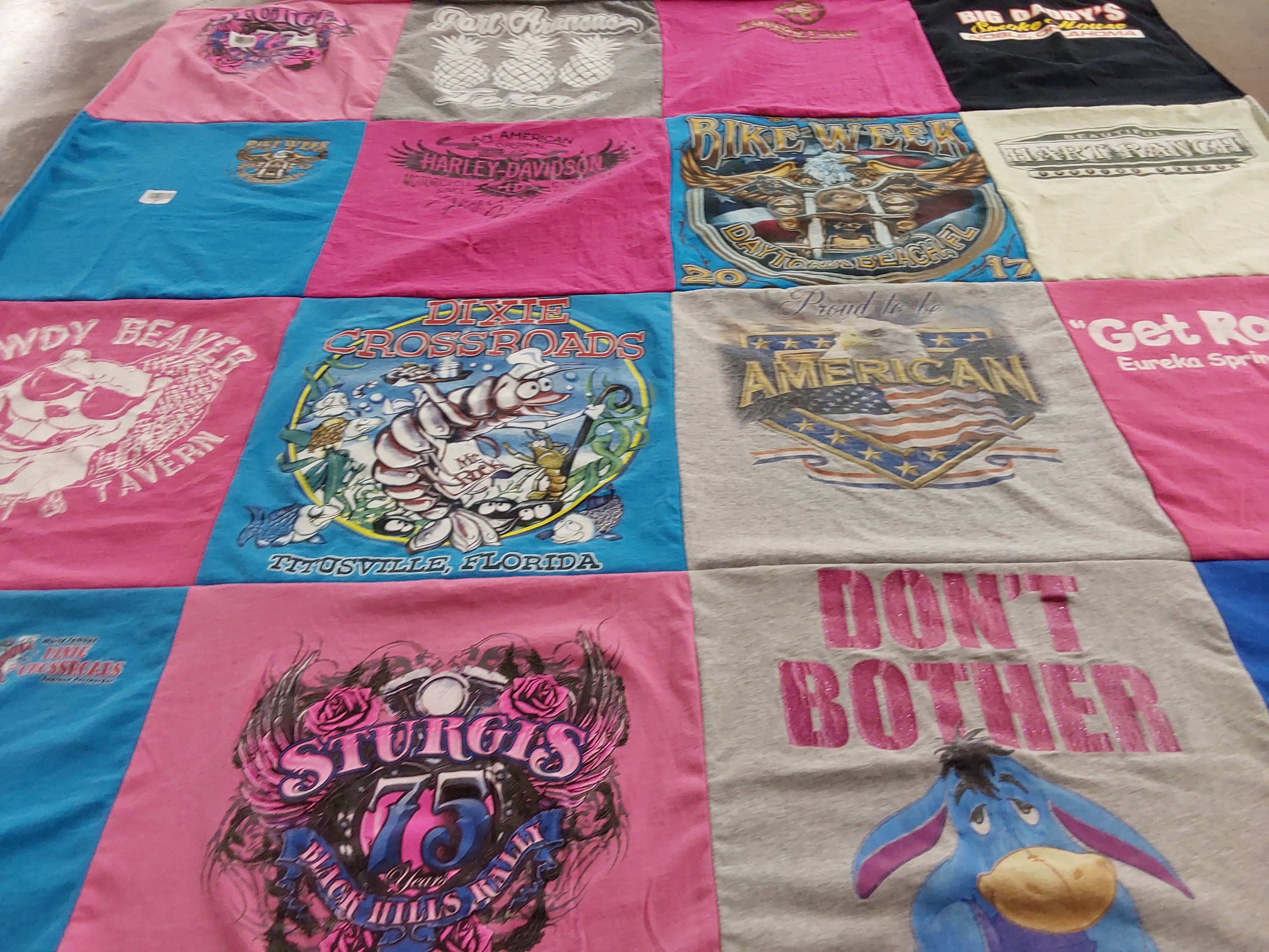 T-shirt quilt with motorcycles, biking themes by Gail from KS