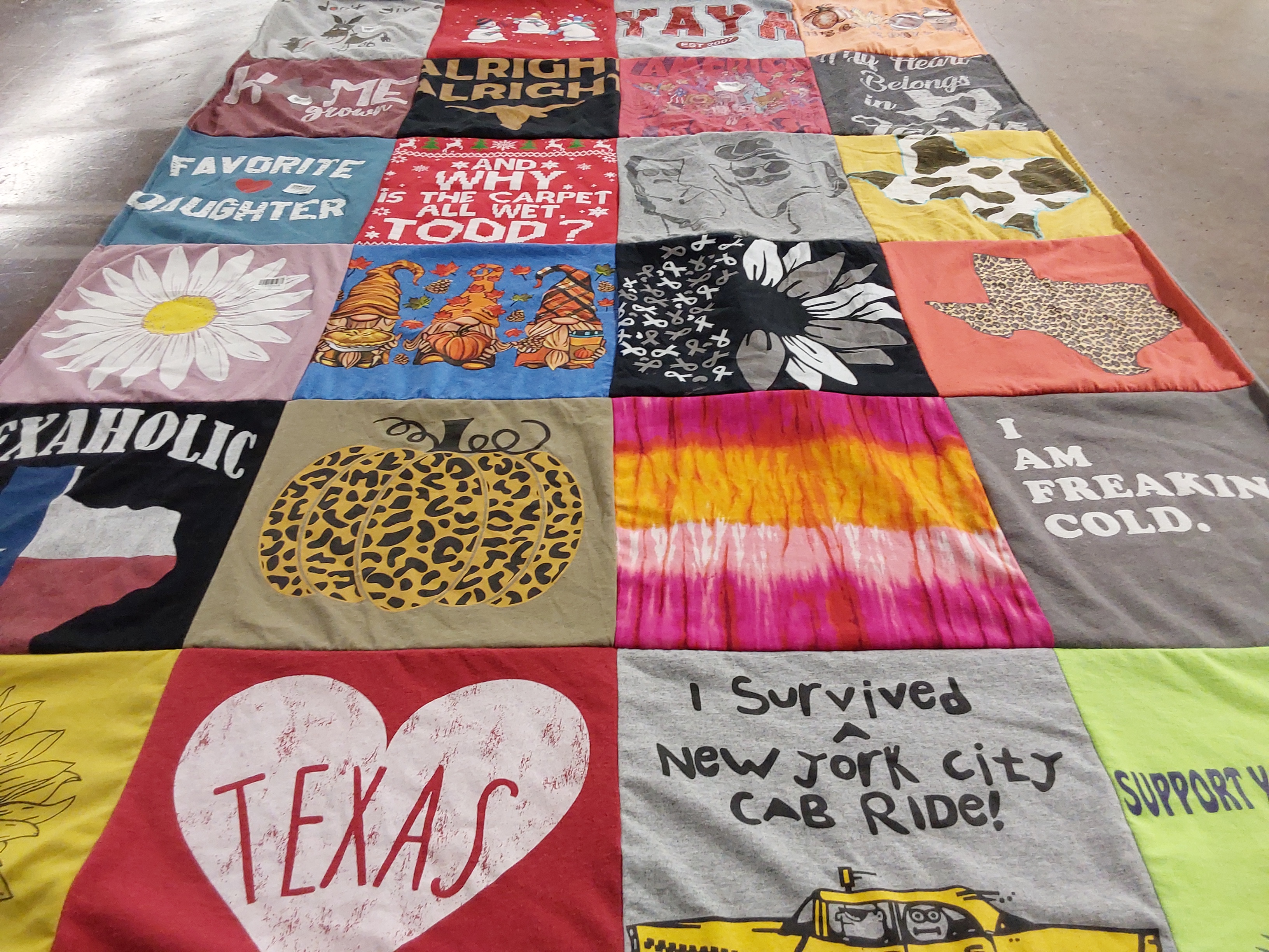 T-shirt quilt with texas, new york city themes by Sandy from TX
