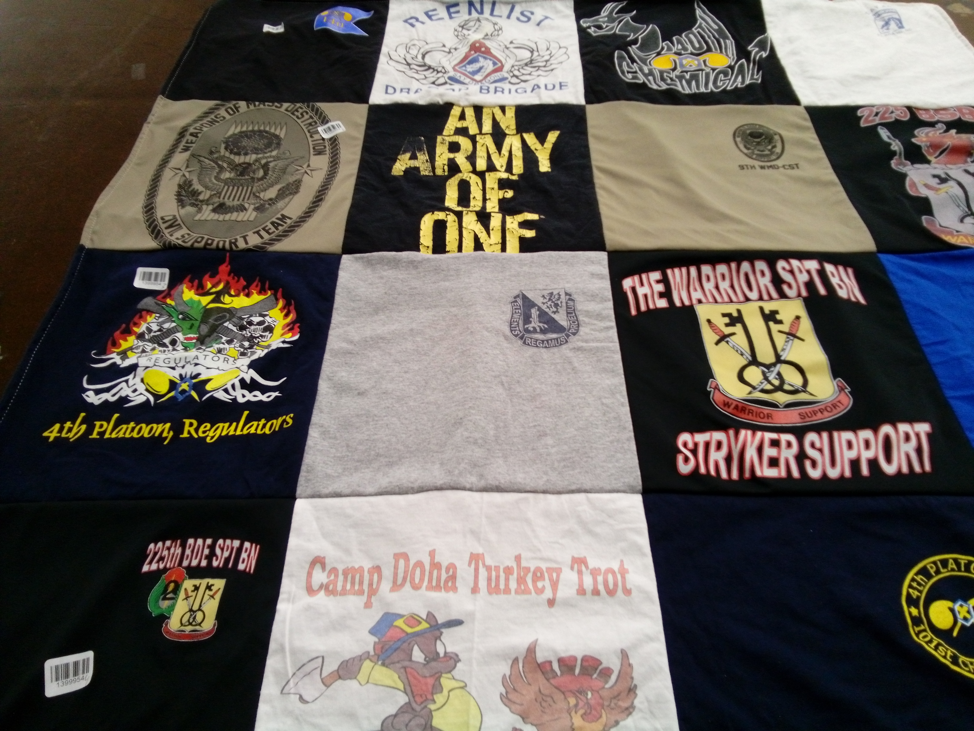 T-shirt quilt with military service, outdoor activities themes by Eileeca from CA