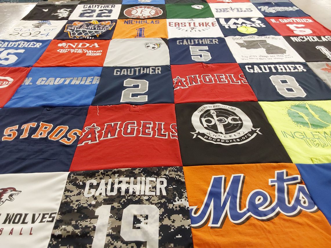 T-shirt quilt featuring astros, angels by Stephanie from WA