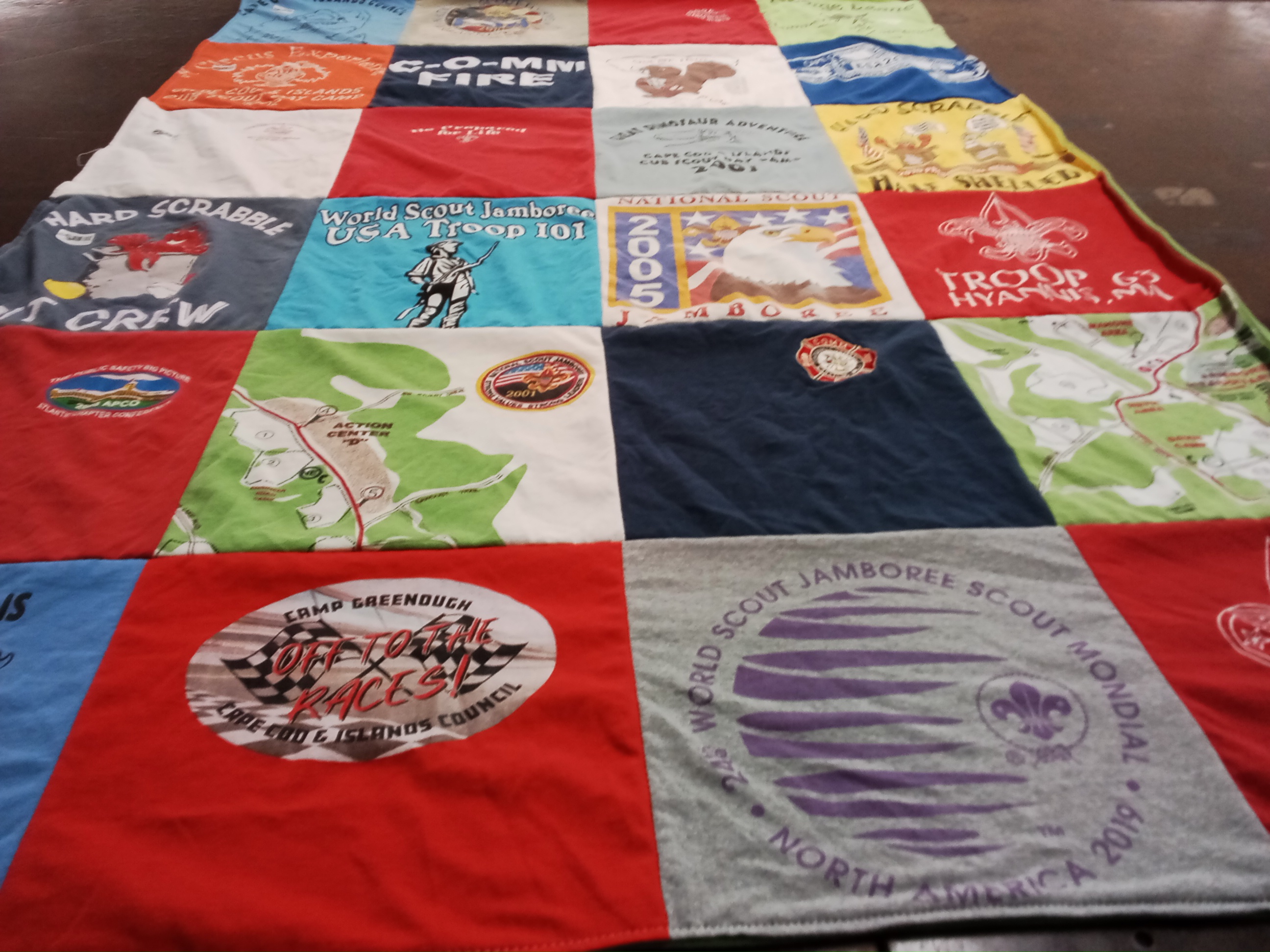 T-shirt quilt with scouting, camping themes by Ann from MA