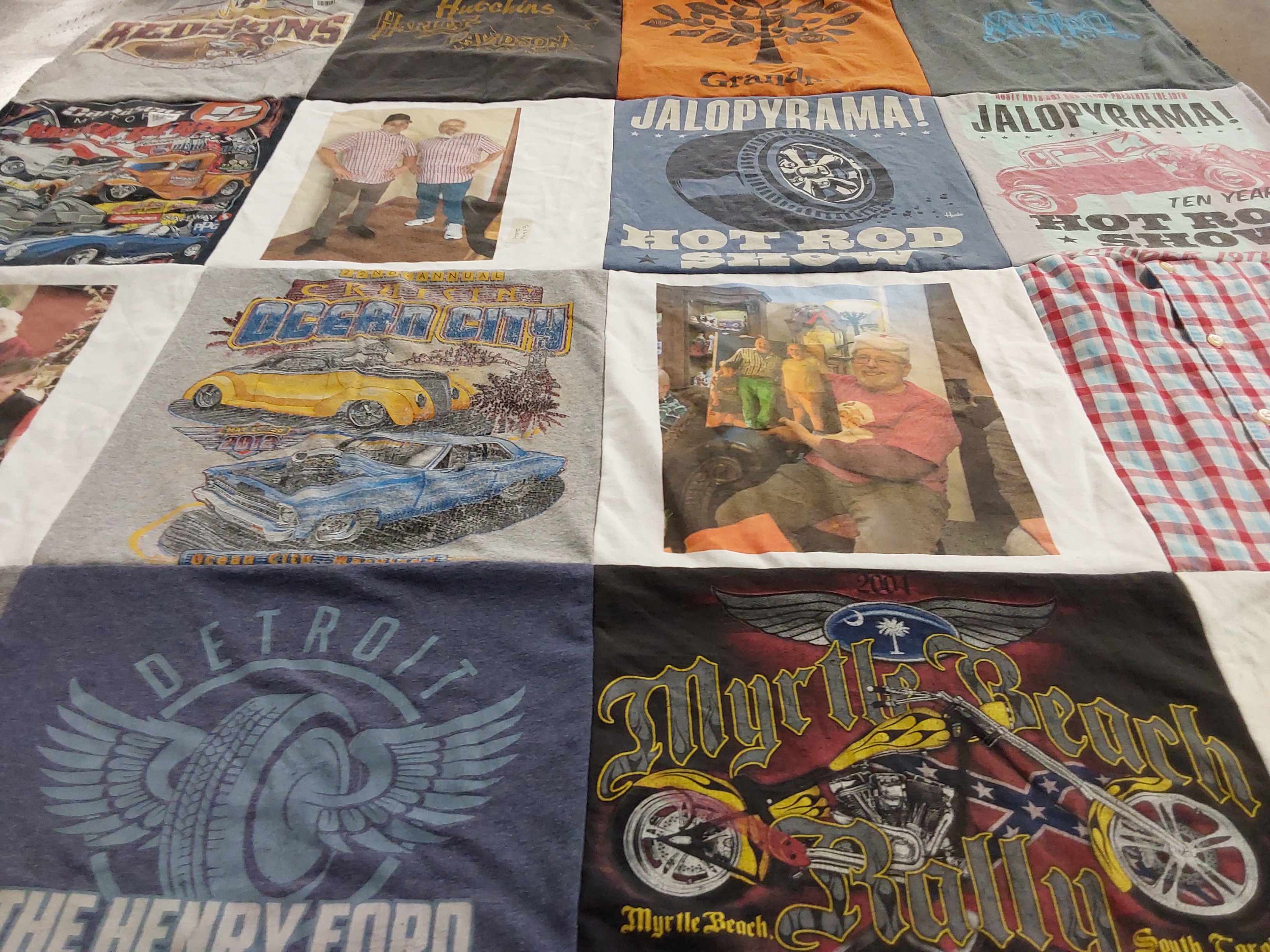 T-shirt quilt with cars, hot rods themes by sheryl from MD