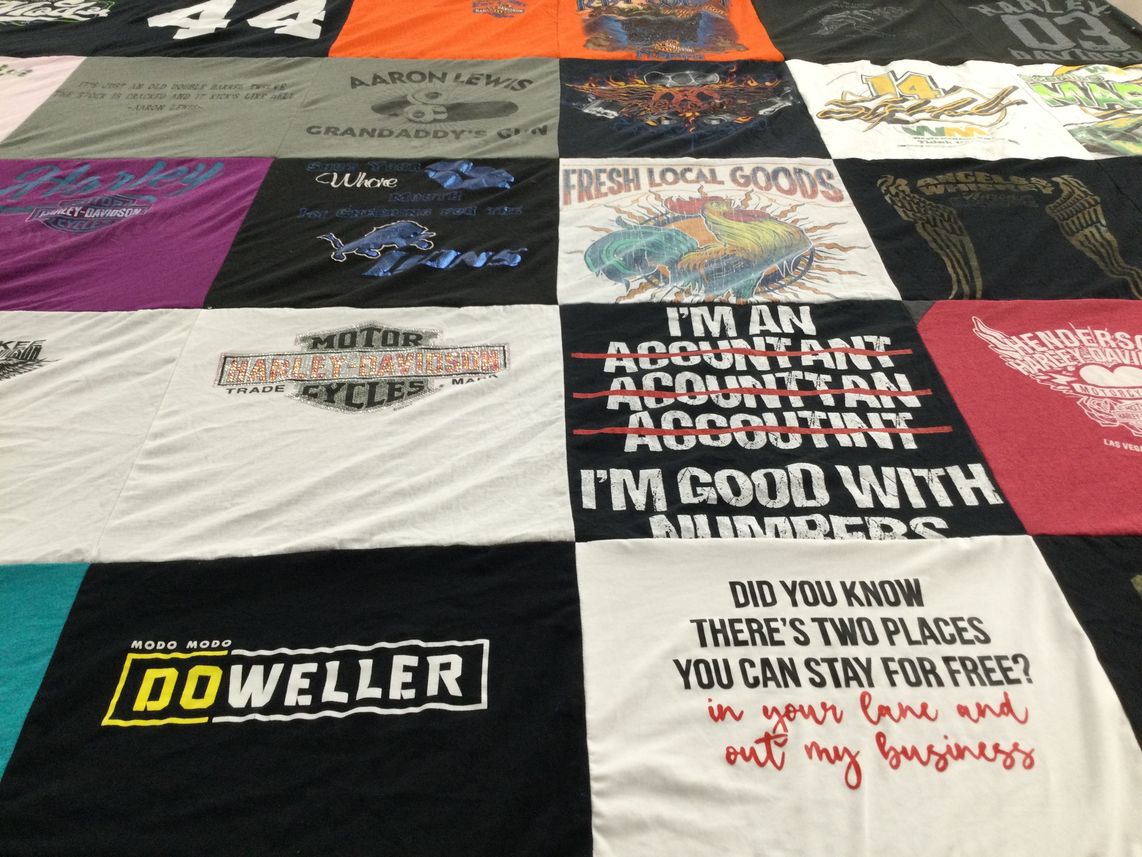 T-shirt quilt with motorcycles, accounting themes by JoAnna from GA