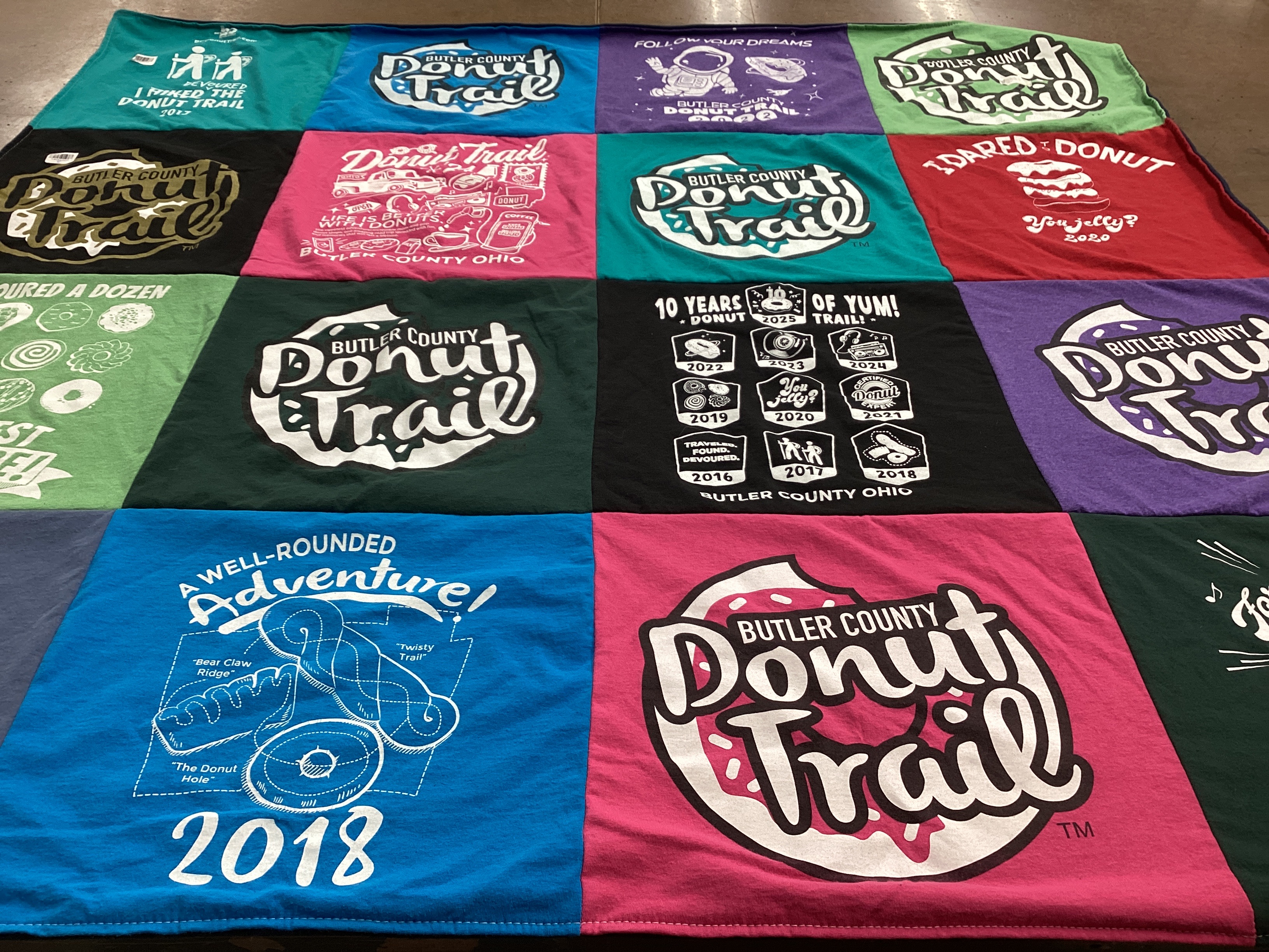 T-shirt quilt with donuts, food themes by Lori from OH