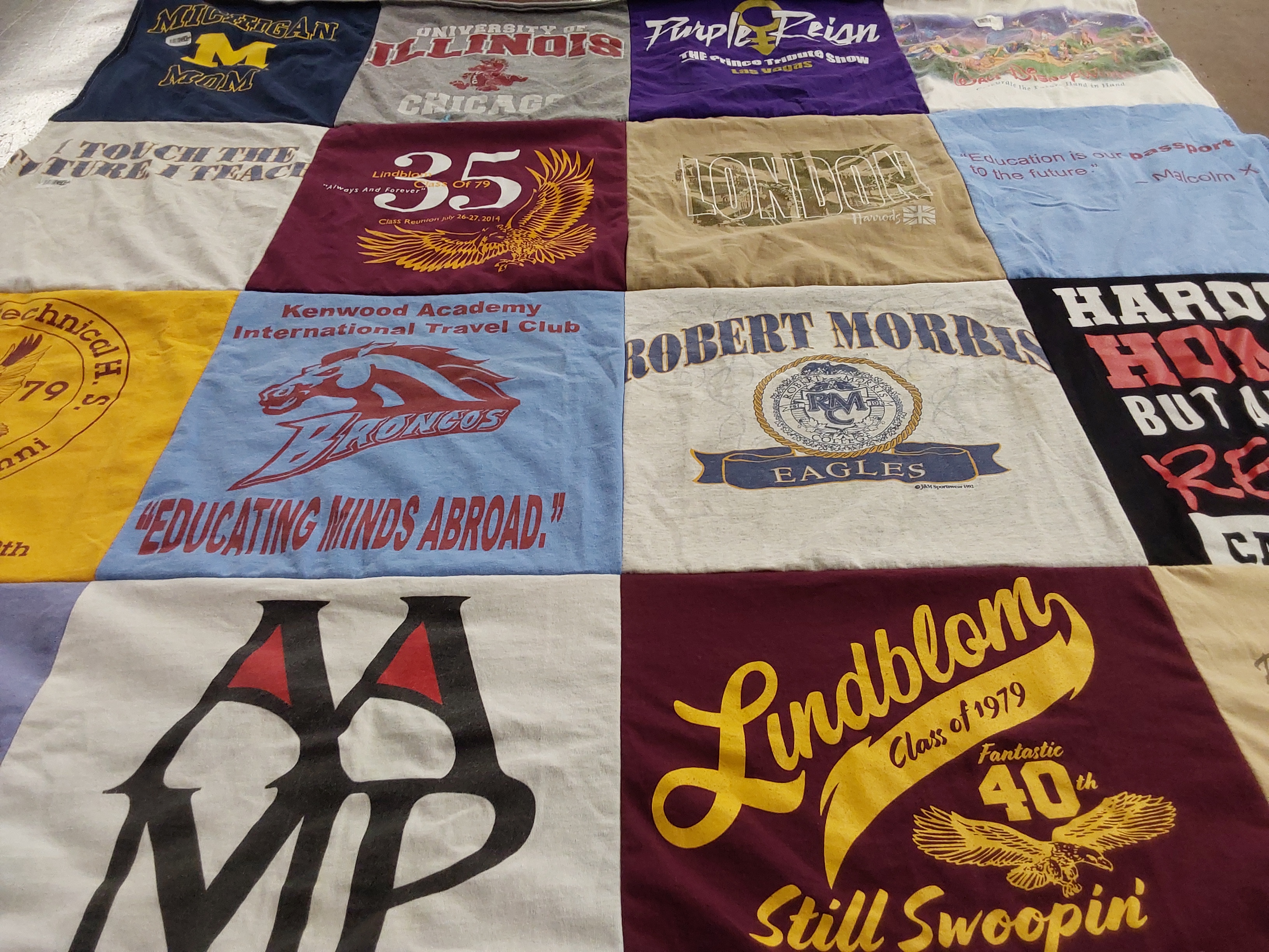 T-shirt quilt featuring lindblom college preparatory high school broncos, robert morris university eagles by Mary from IL