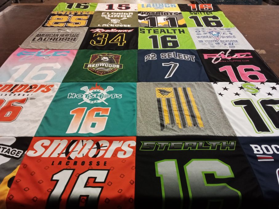 T-shirt quilt with lacrosse, sports themes by Angela from FL