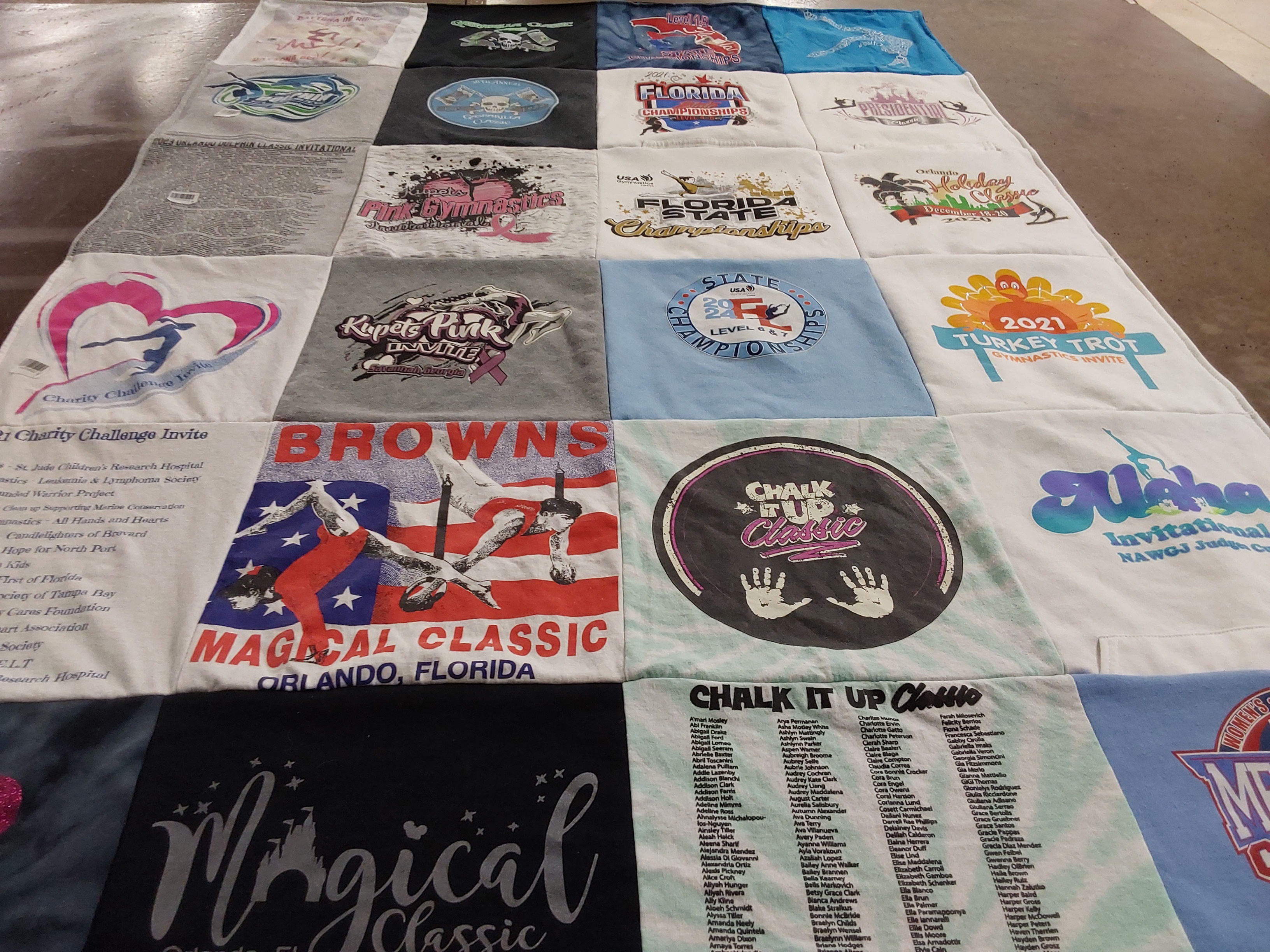 T-shirt quilt with gymnastics, charity events themes by Aimee from FL