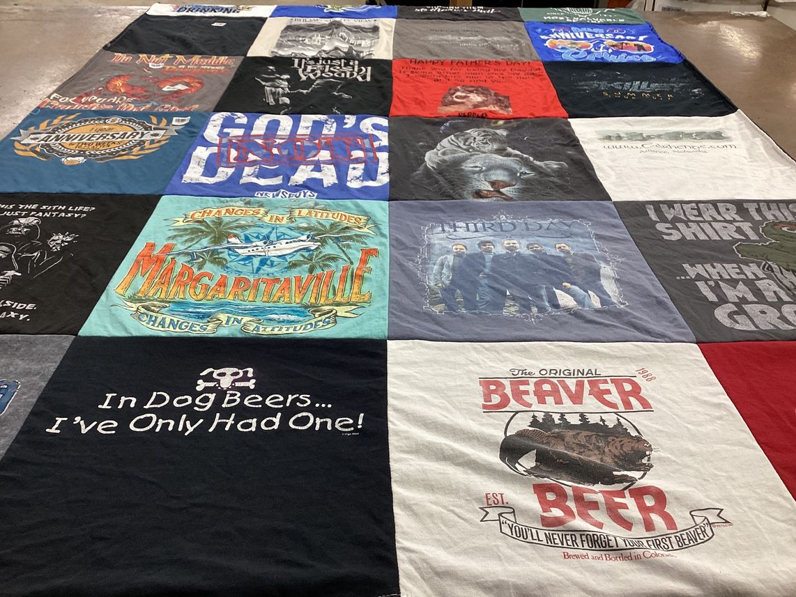 T-shirt quilt with beer, dogs themes by Gregory from CO