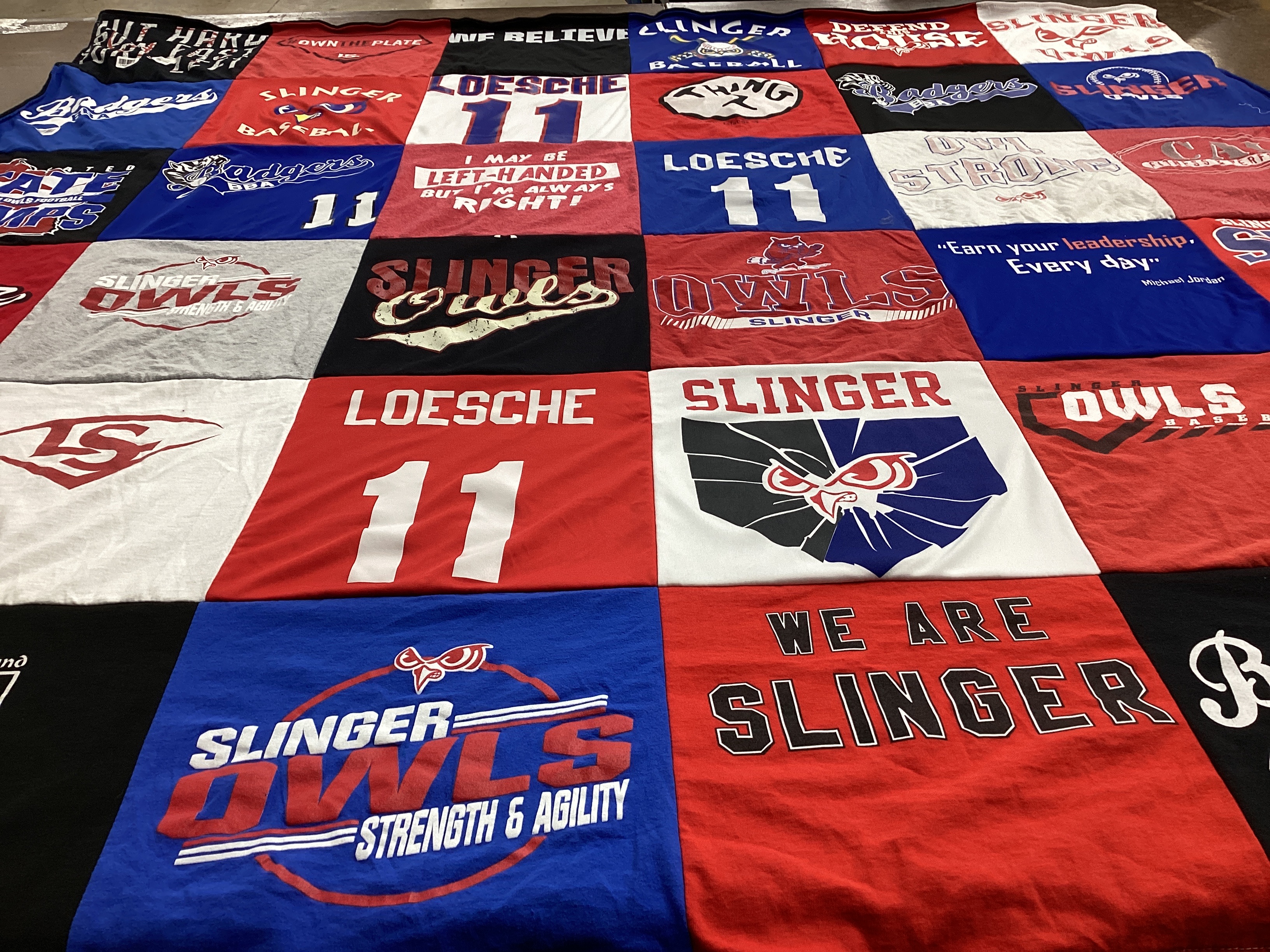 T-shirt quilt featuring slinger owls by Janet from WI