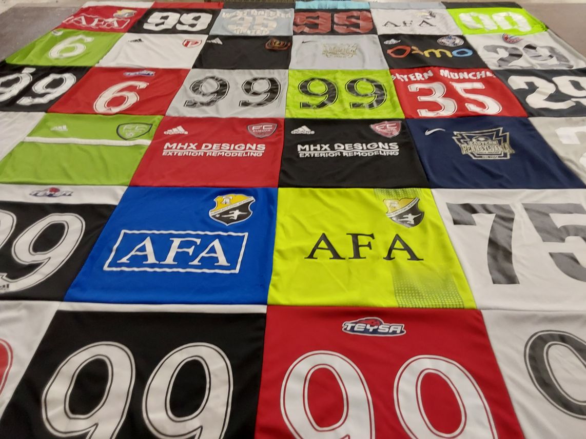 T-shirt quilt with soccer, sports themes by Tara from PA