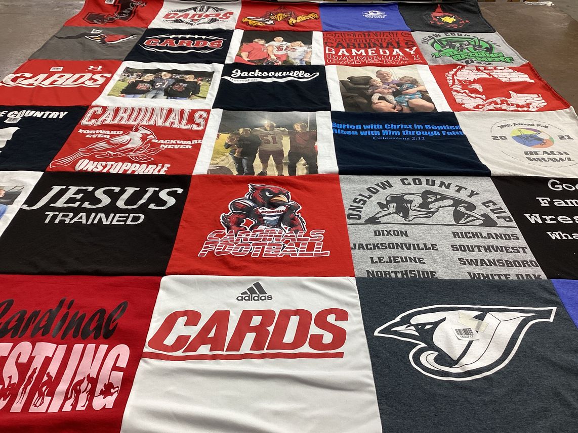 T-shirt quilt featuring jacksonville high school football team, dixon high school wrestling team by Monica from NC