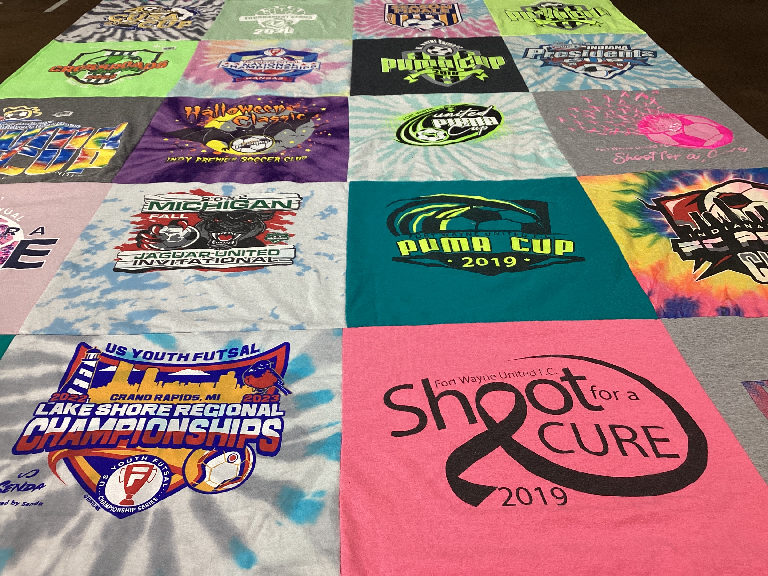 T-shirt quilt with soccer, futsal themes by Sarah from IN