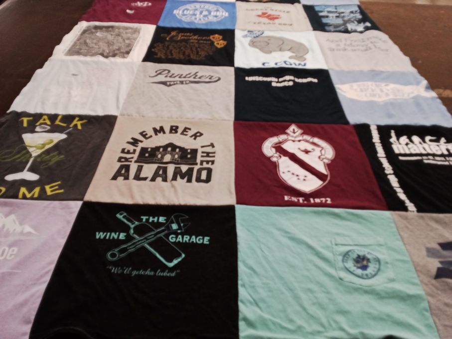 T-shirt quilt with wine, drinking themes by Katie from TX
