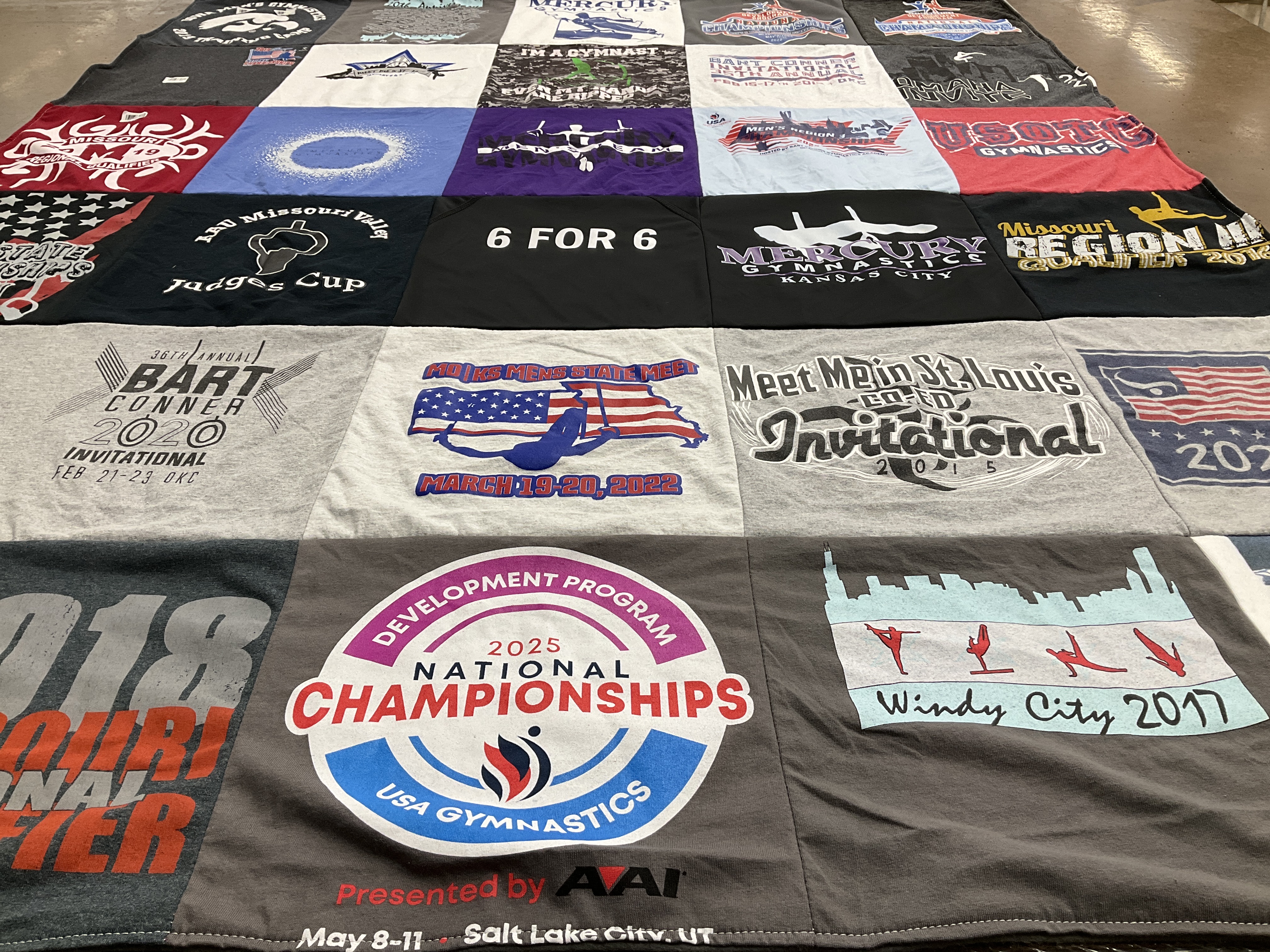 T-shirt quilt with gymnastics, sports themes by Tamara from MO
