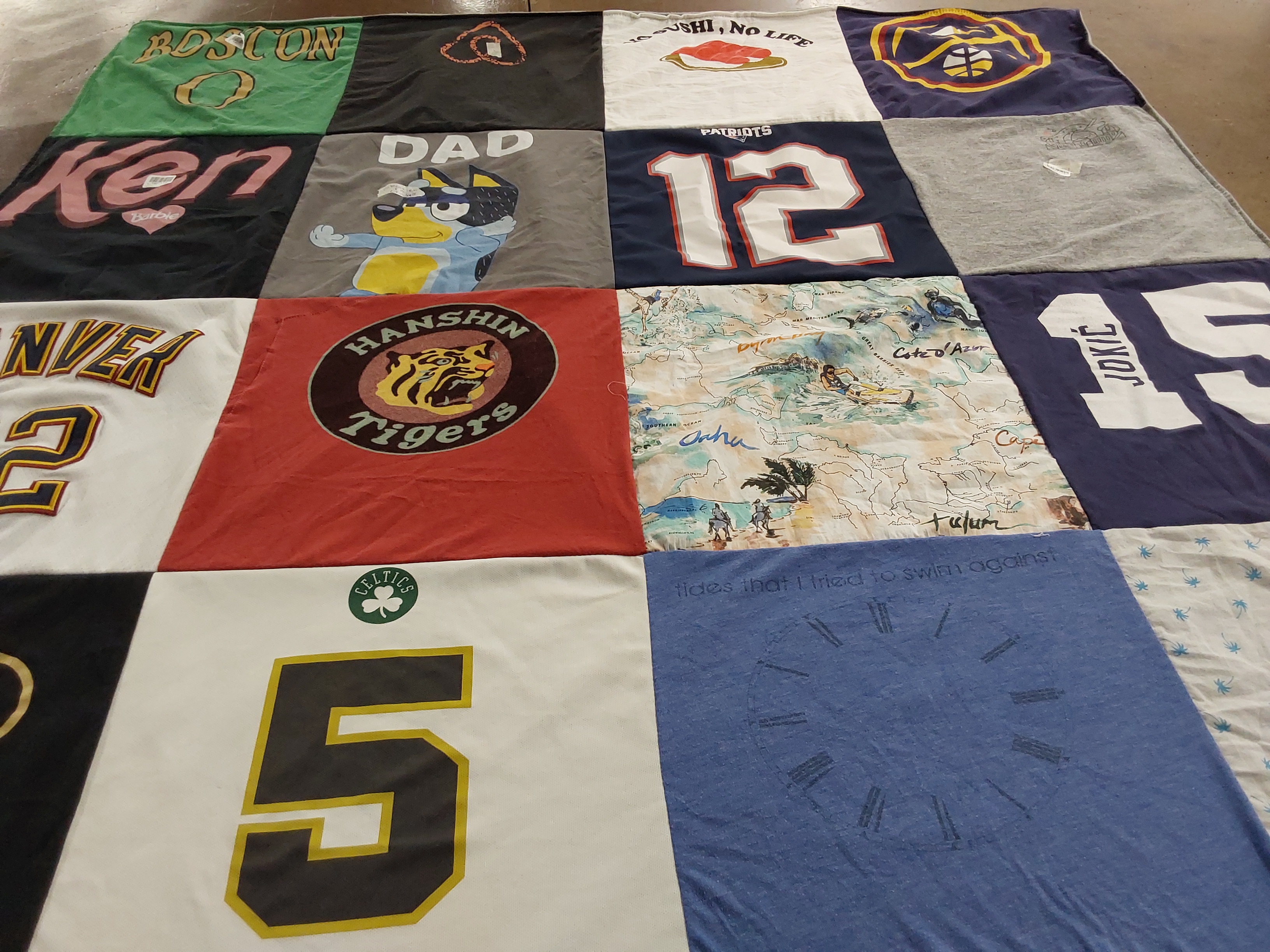 T-shirt quilt featuring boston celtics, denver broncos by Jennifer from NJ