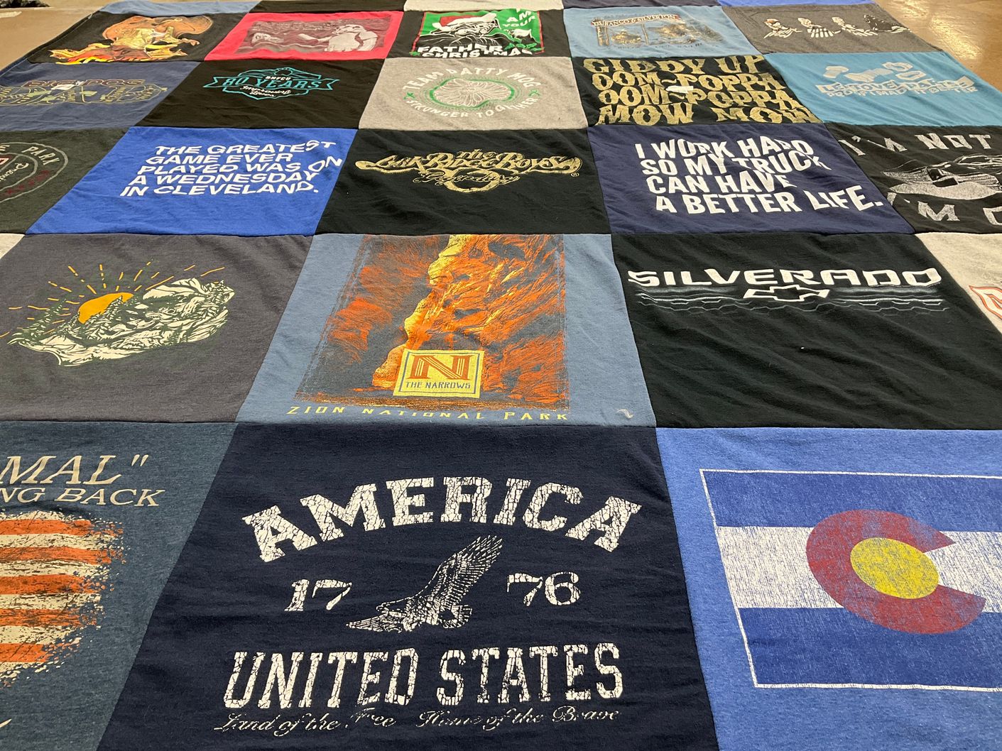 T-shirt quilt with national parks, trucks themes by Roberta from SD