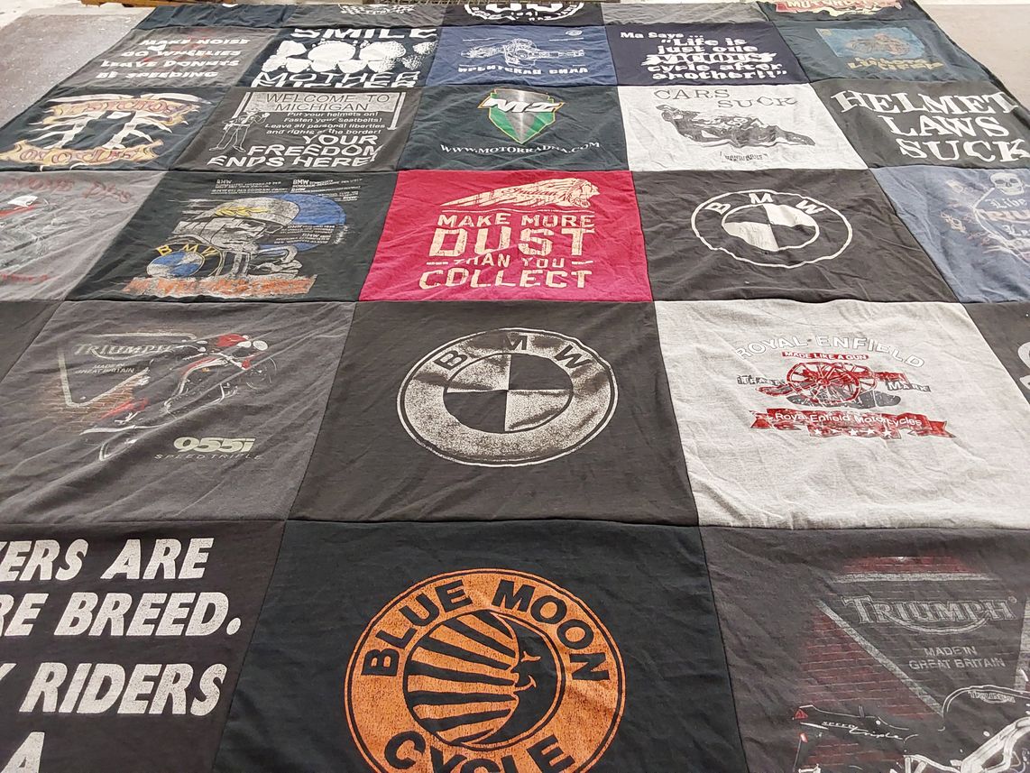 T-shirt quilt with motorcycles, biking themes by Charles from MI