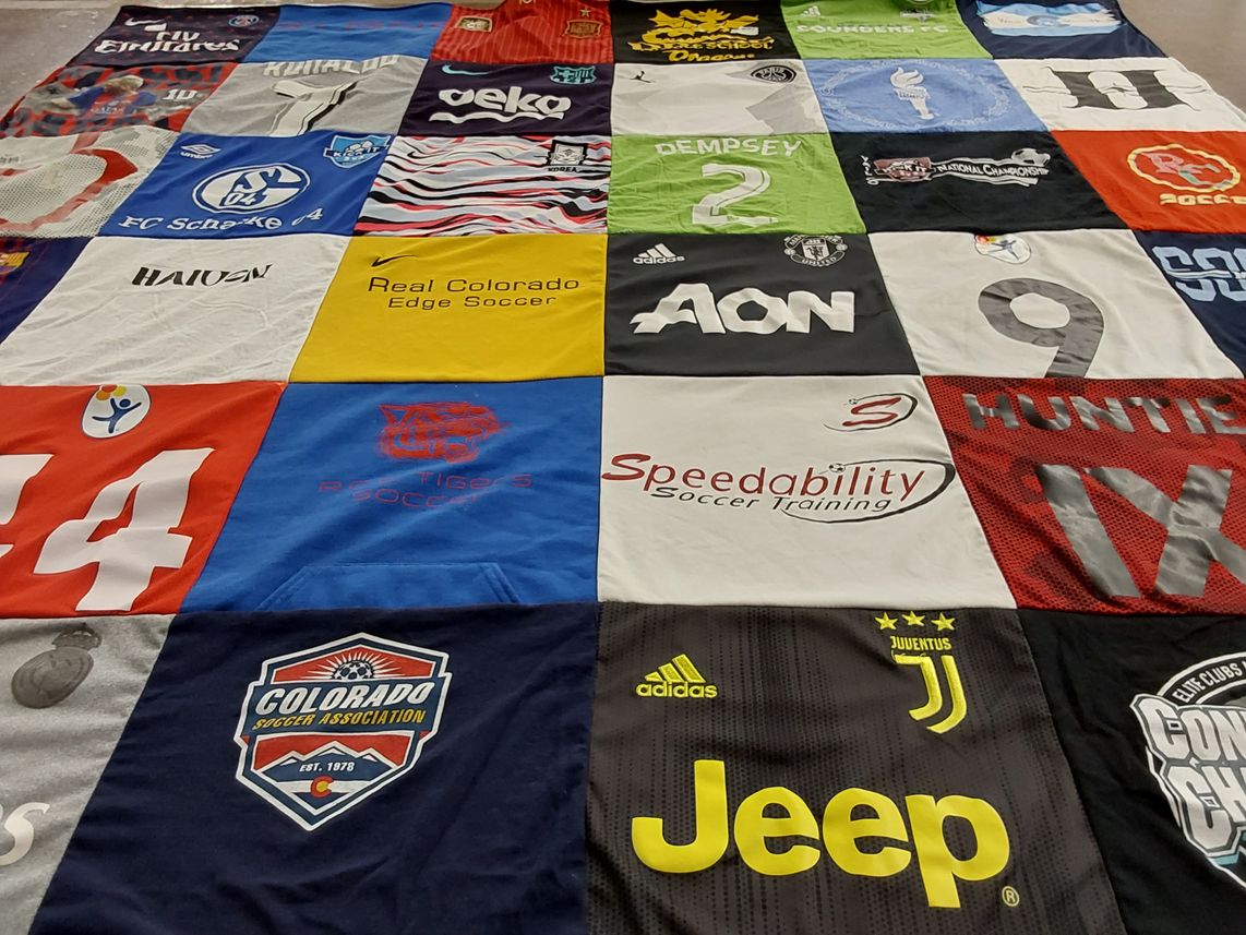 T-shirt quilt with soccer, sports themes by Angela from CO