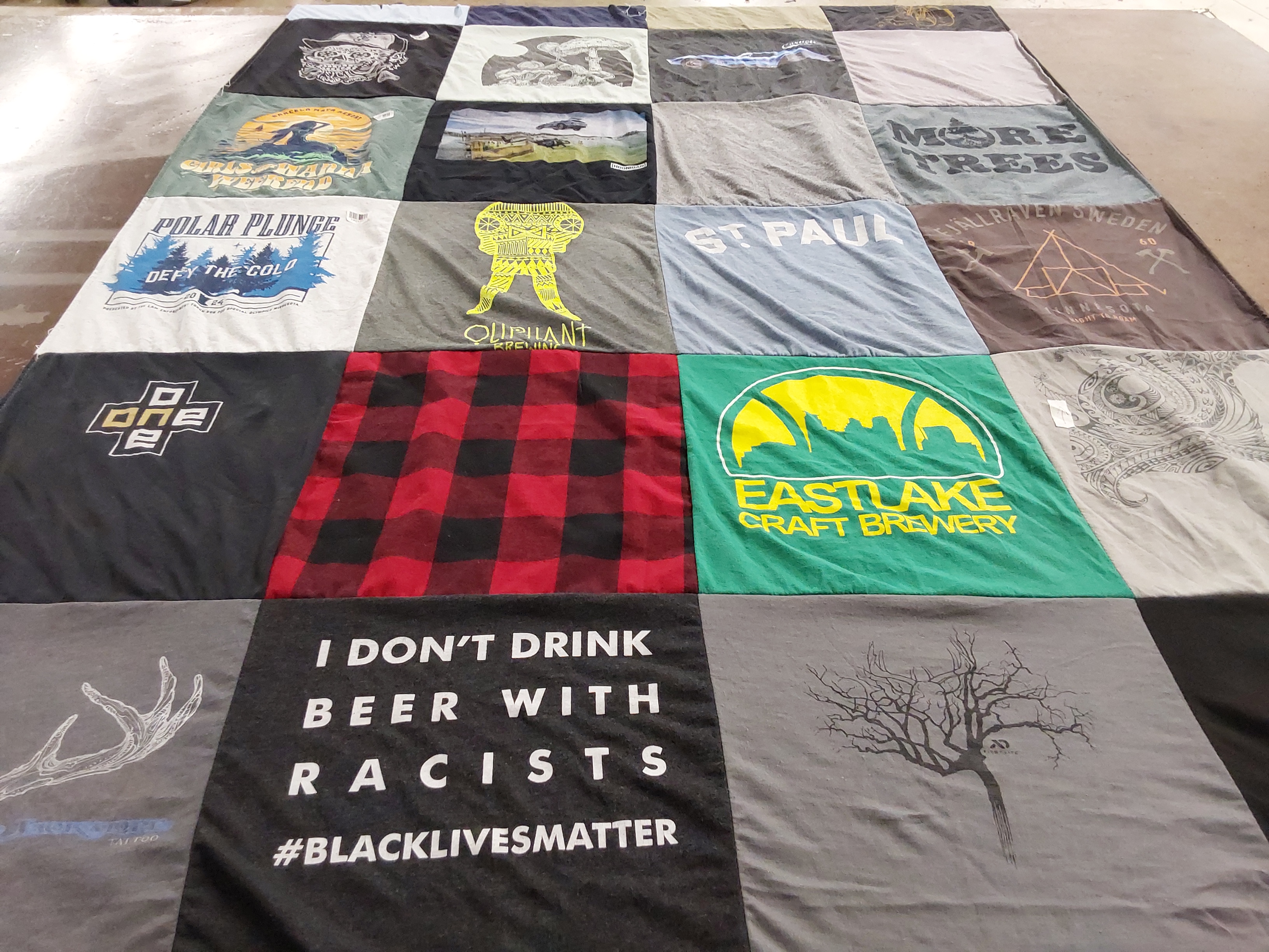 T-shirt quilt with craft beer, social justice themes by Tiffany from MN