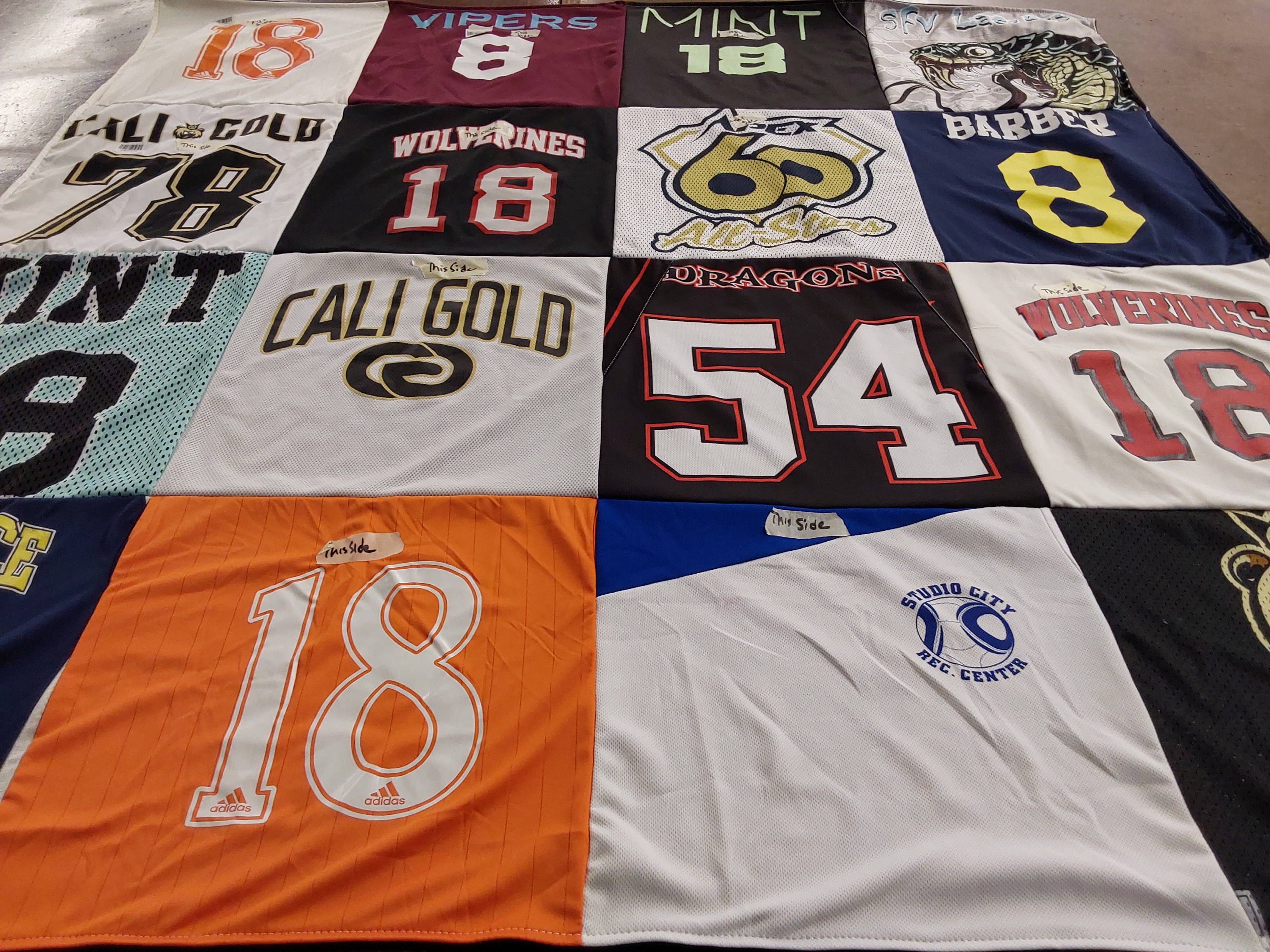 T-shirt quilt featuring wolverines, dragons by Hudson from CA