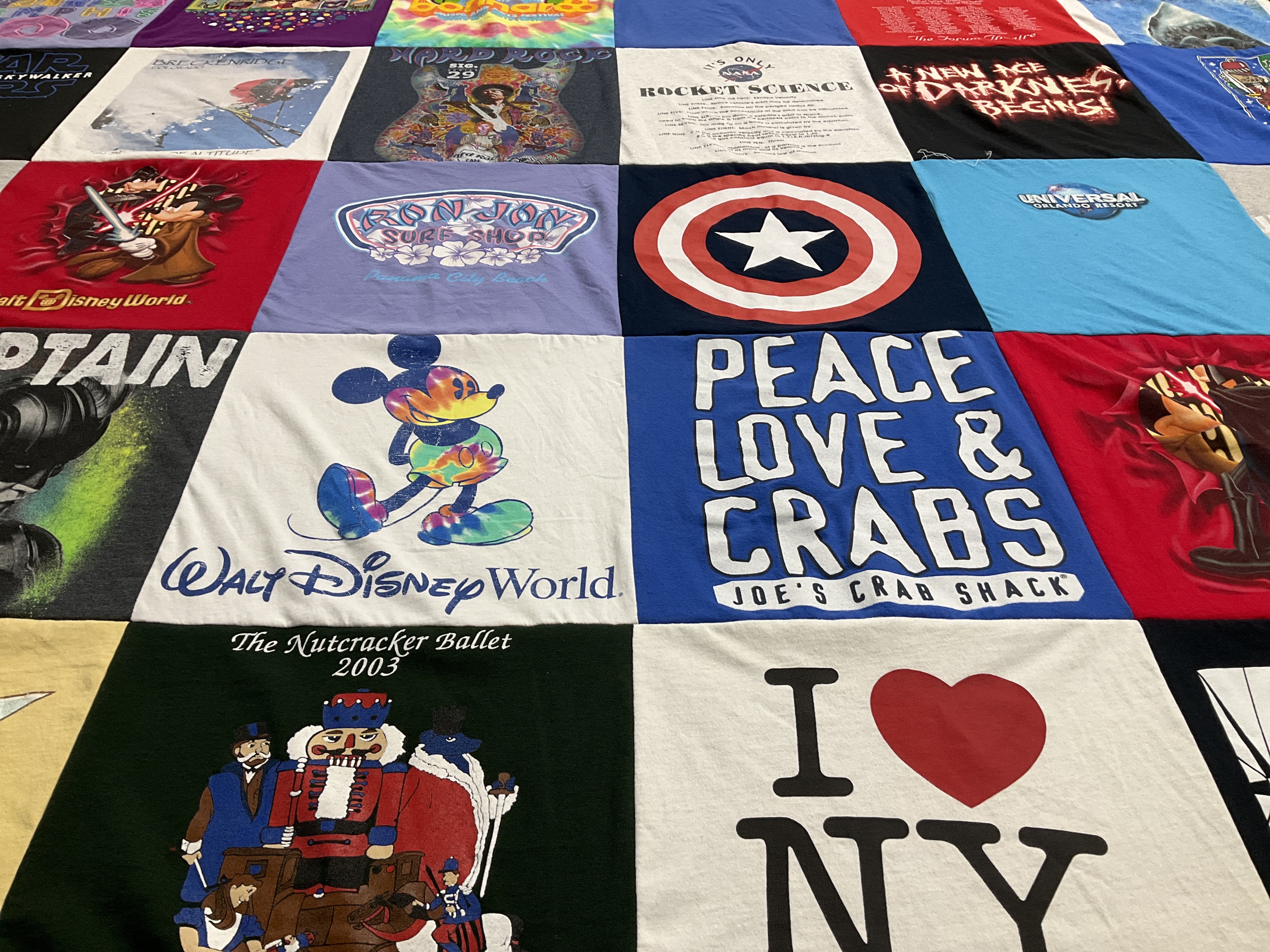 T-shirt quilt with disney, theater themes by Gabriella from AR