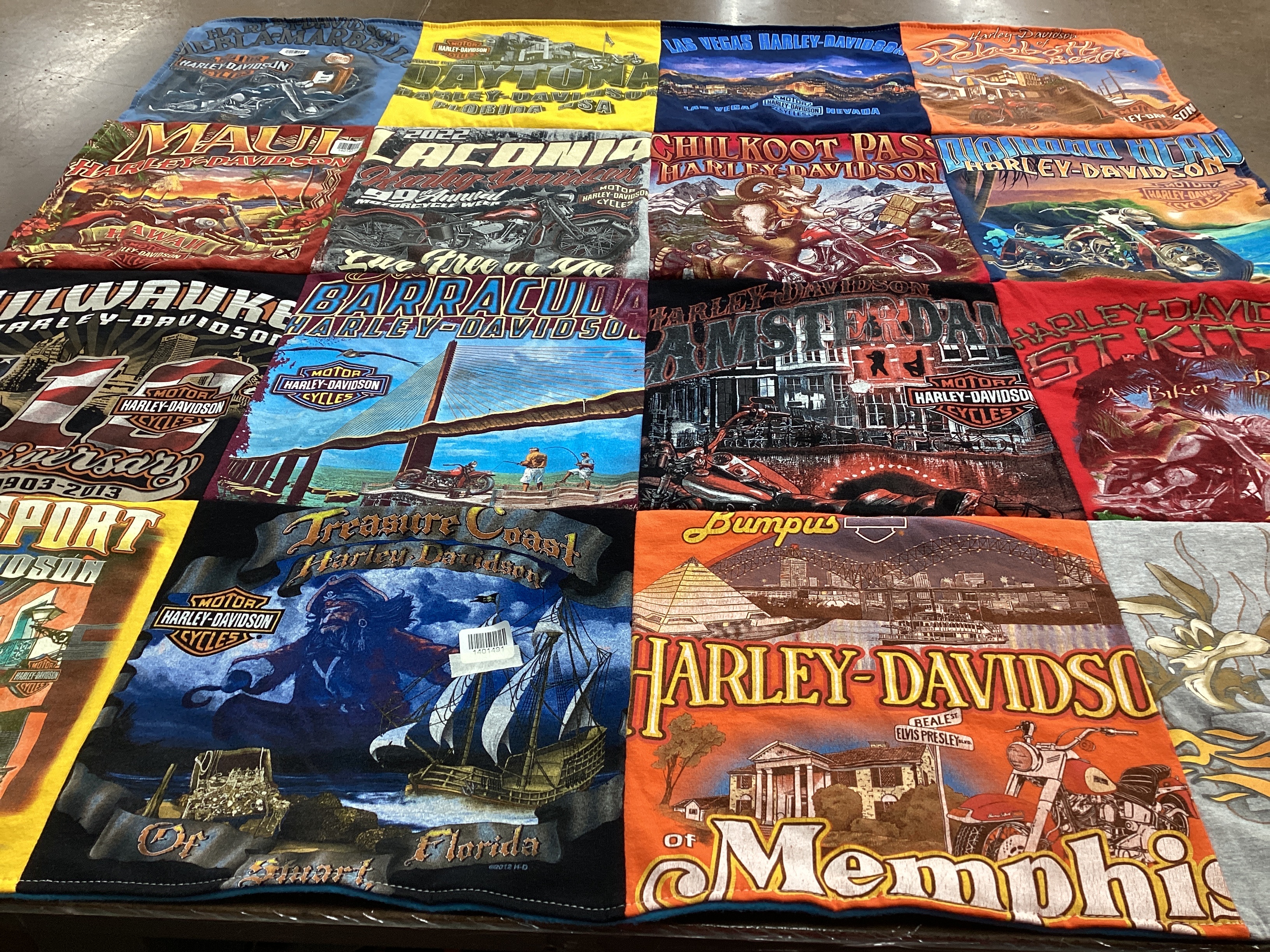 T-shirt quilt with motorcycles, travel themes by Audrey from NY