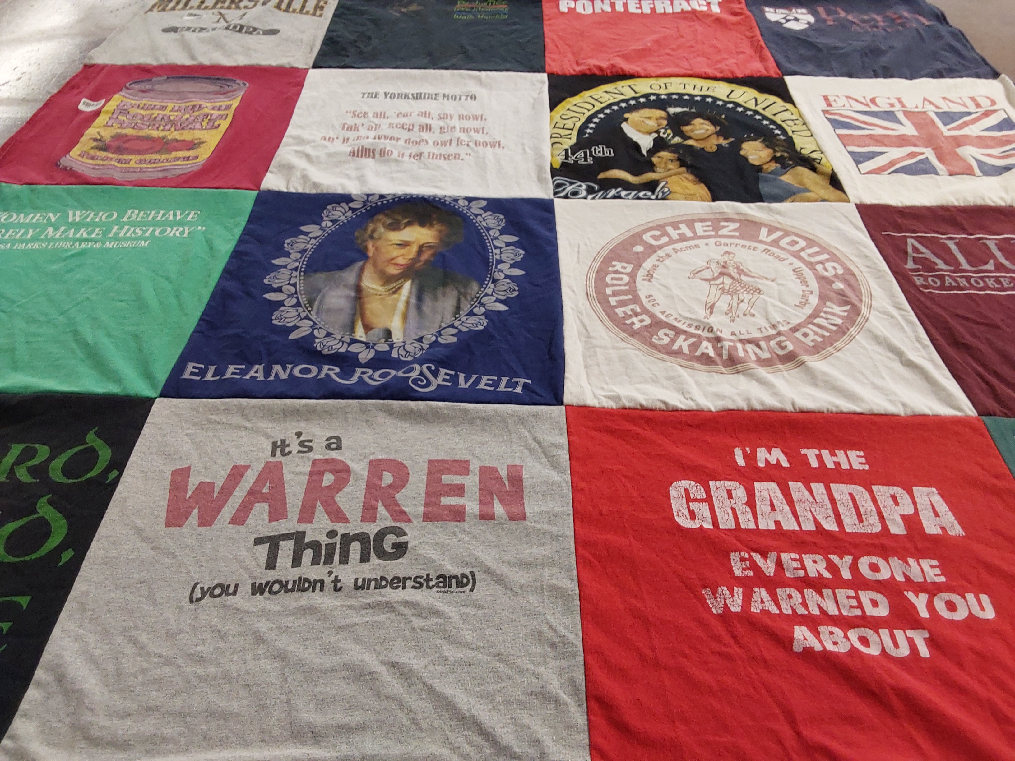 T-shirt quilt with history, politics themes by Heather from PA