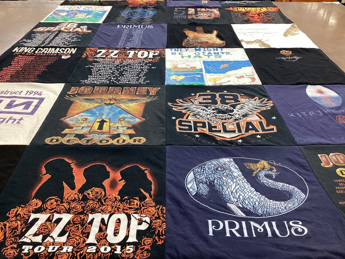 T-shirt quilt with music, rock themes by Chris from CO
