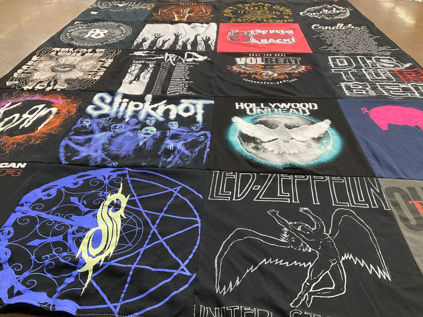 T-shirt quilt with music, rock themes by Donna from TX