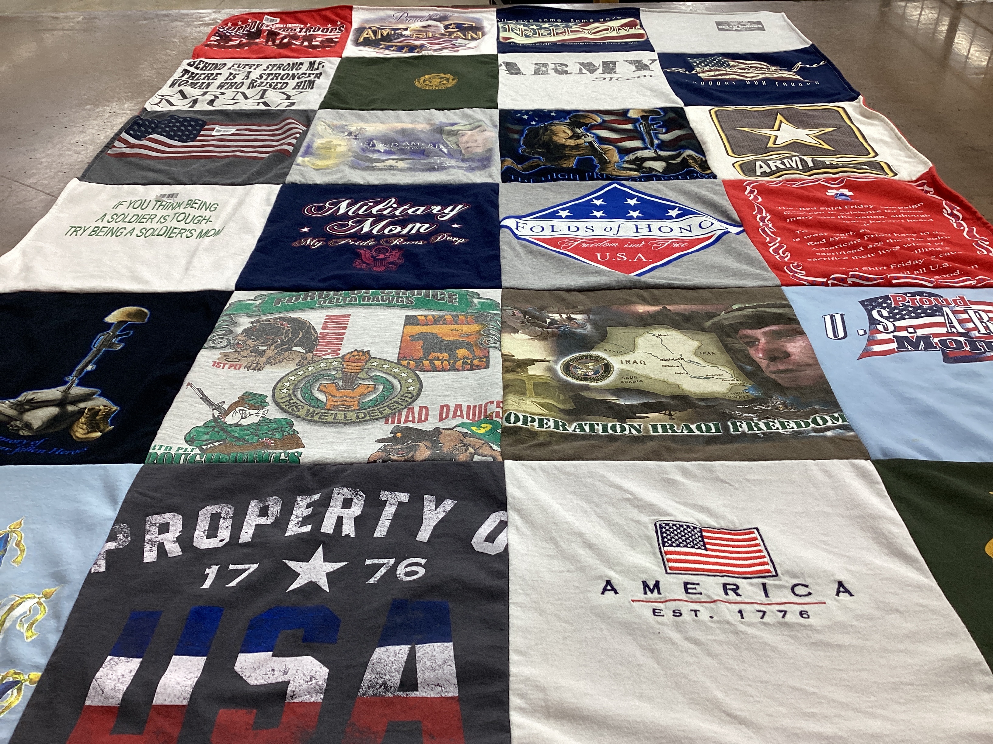 T-shirt quilt with military, patriotism themes by Marsha from KY