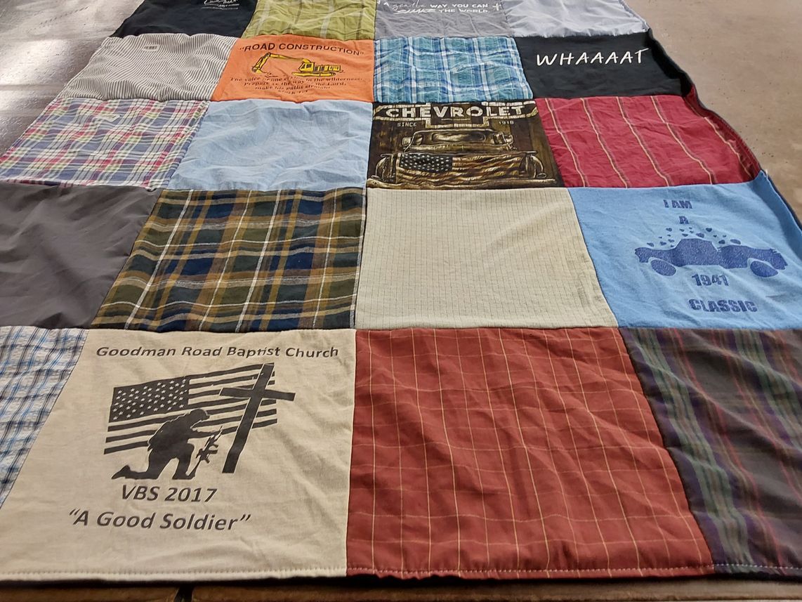 T-shirt quilt with church activities, automobile culture themes by Ashley from GA