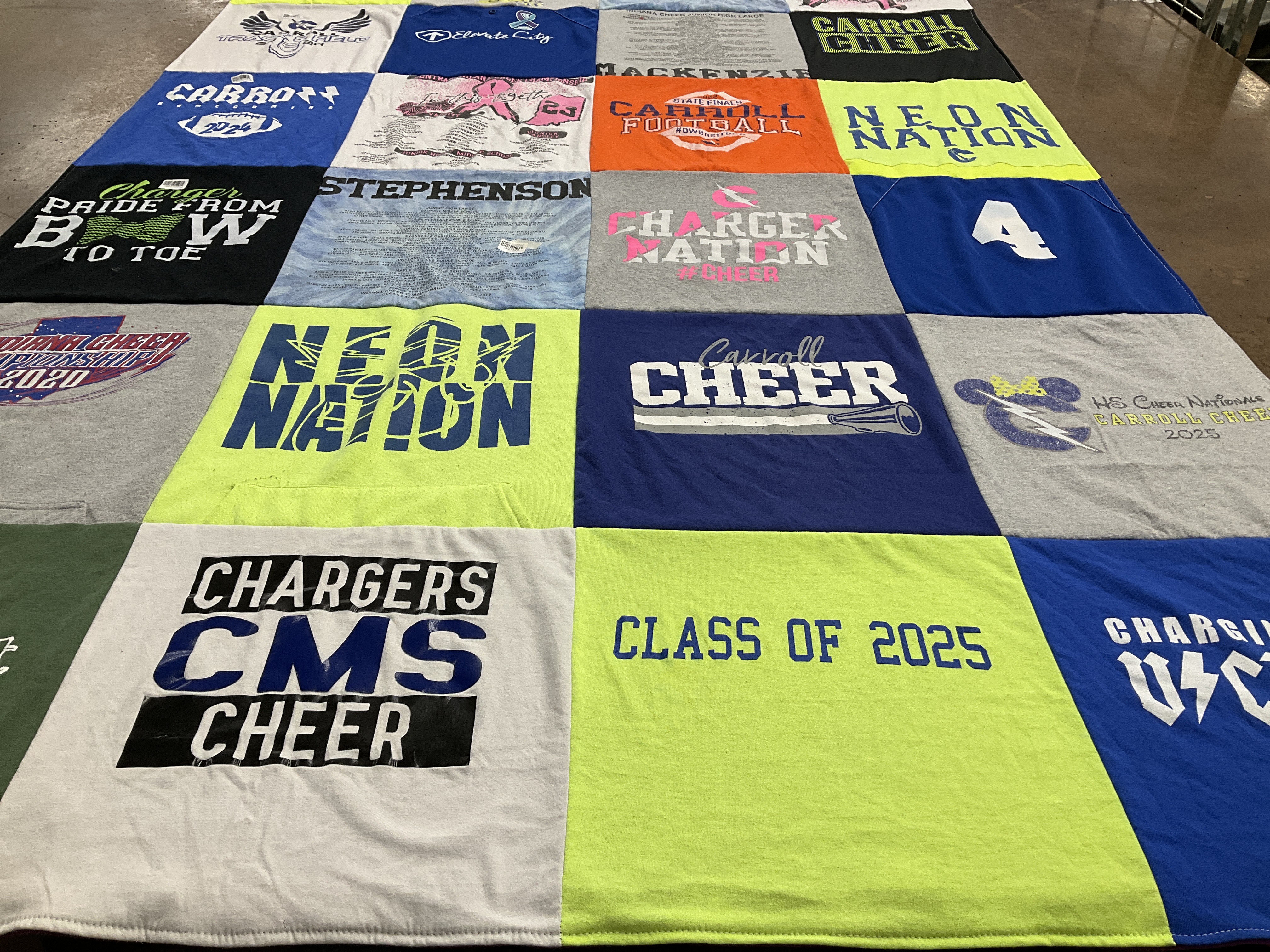 T-shirt quilt featuring chargers football, carroll cheer team by Samantha from IN