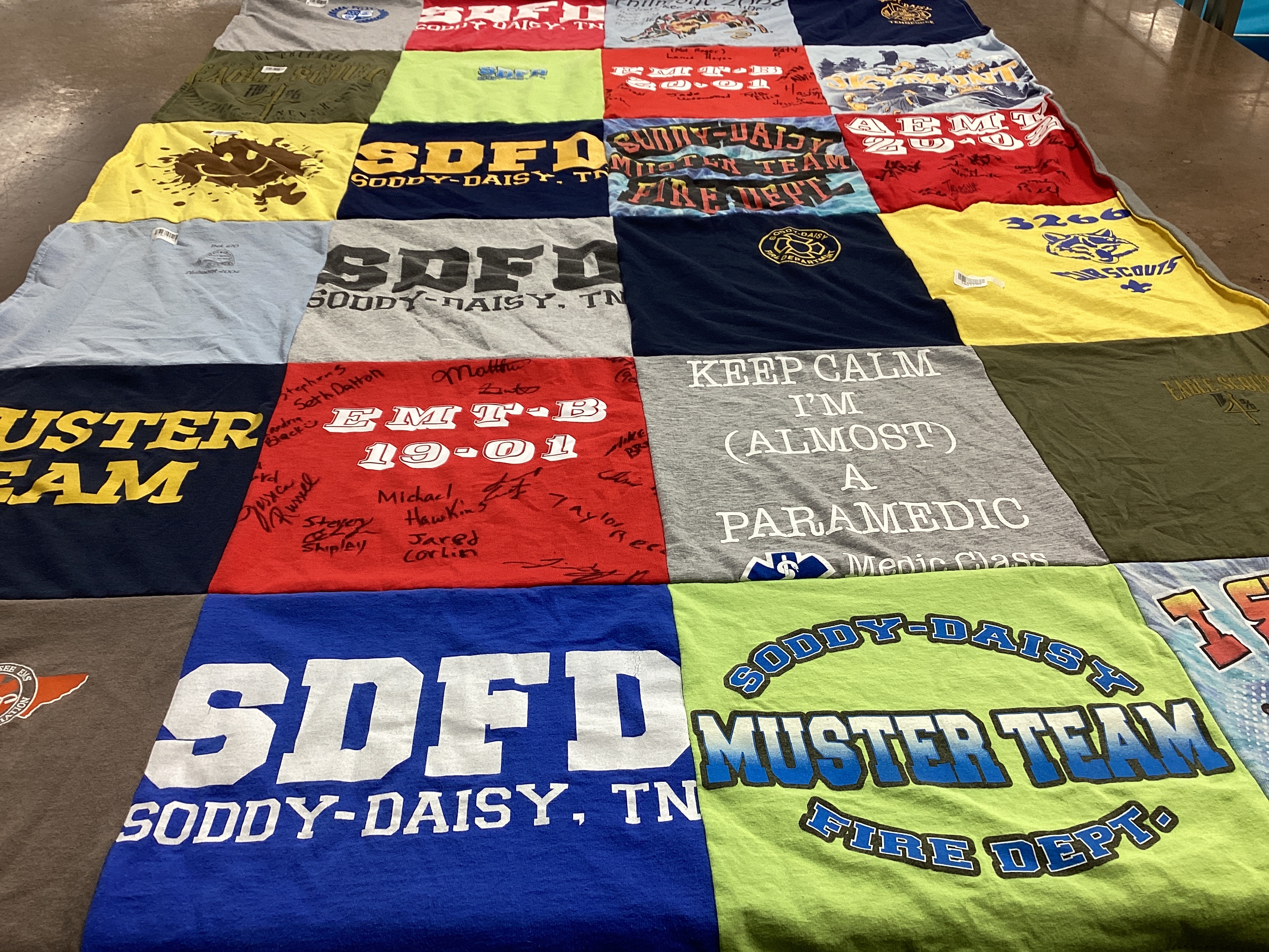 T-shirt quilt with emergency services, paramedics themes by Sarah from TN