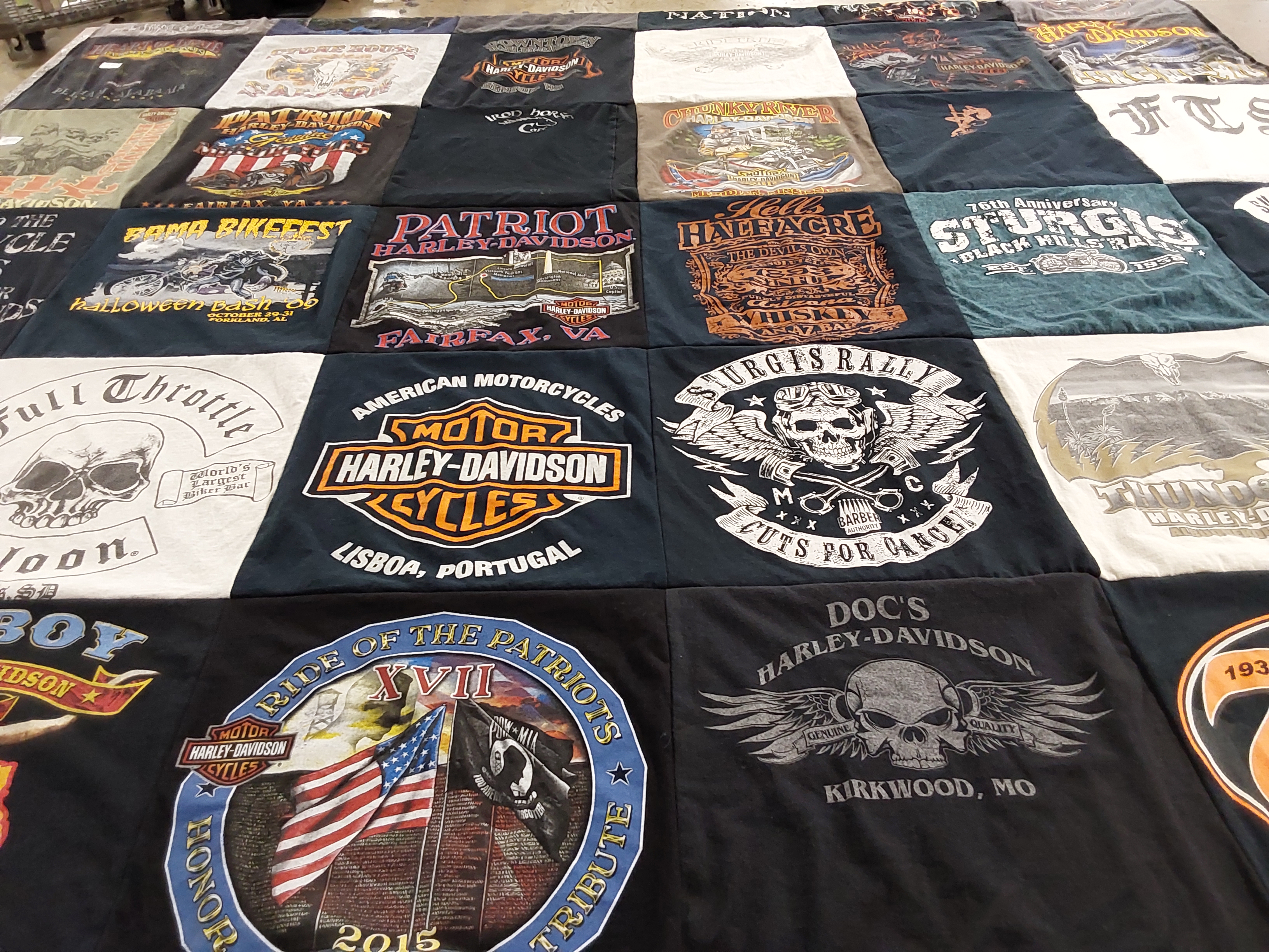 T-shirt quilt with motorcycles, biking themes by Troy from AL