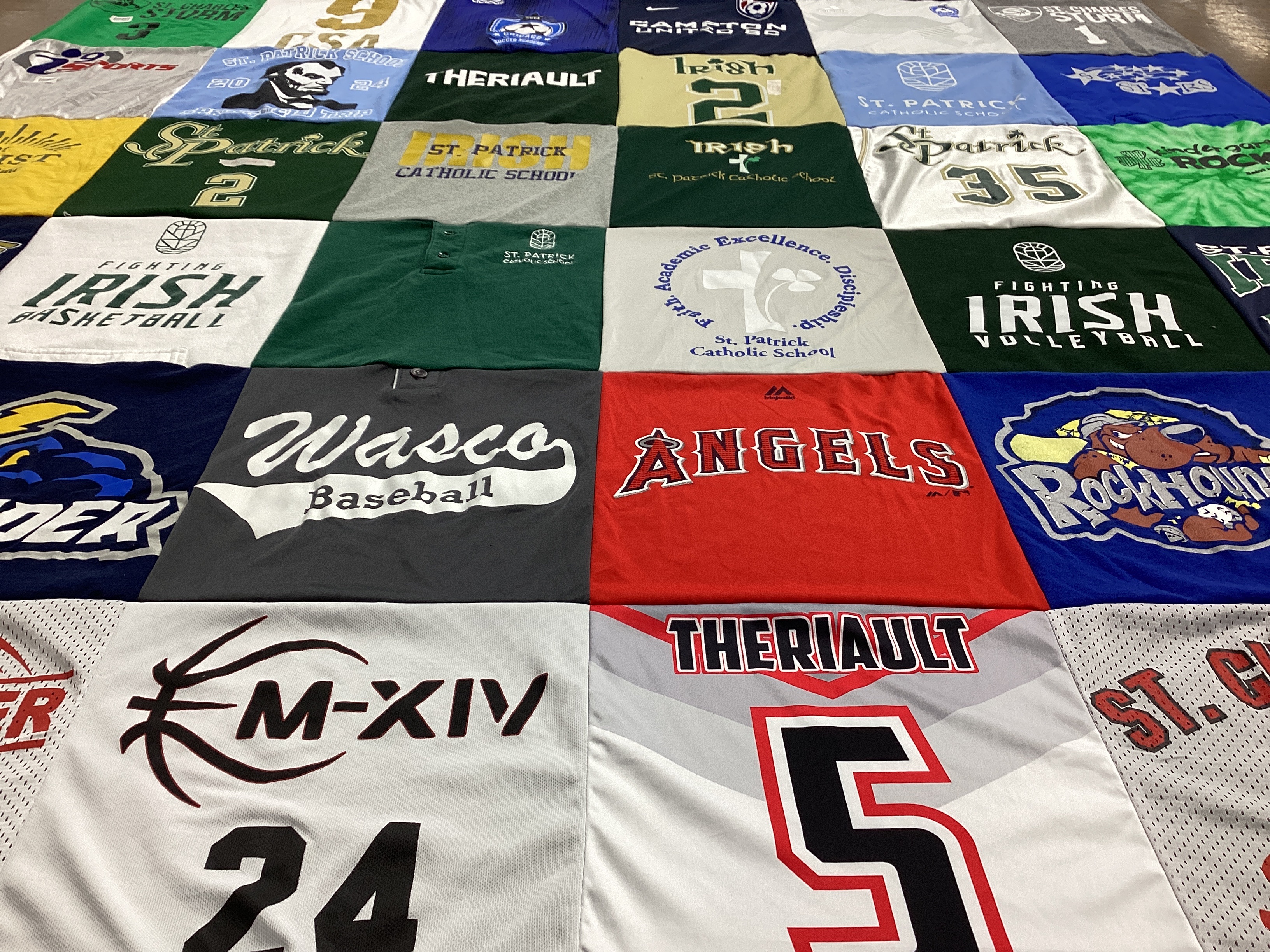 T-shirt quilt featuring wasco baseball, irish basketball by Sara from IL