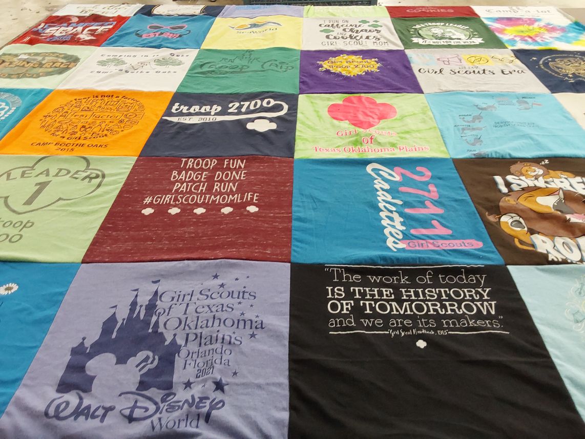 T-shirt quilt with girl scouts, camping themes by Jeanette from TX