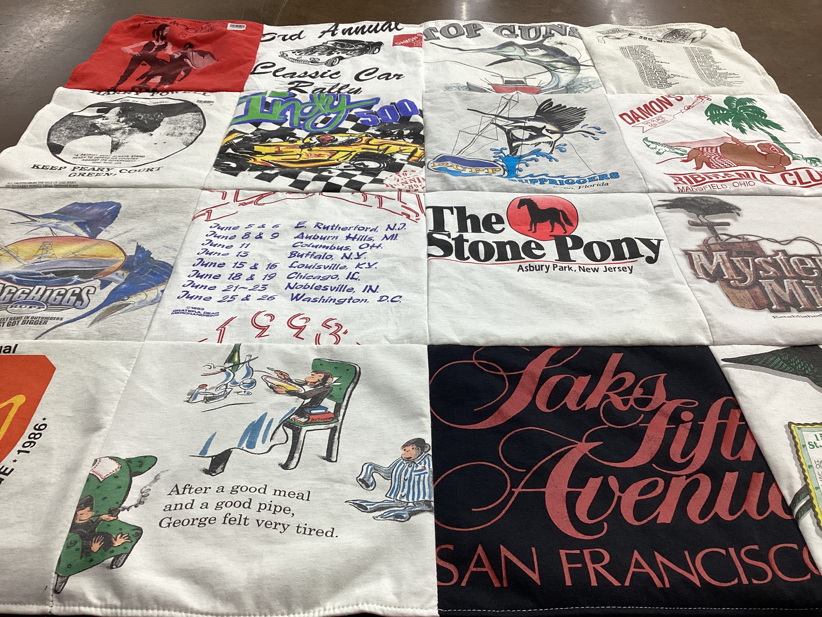 T-shirt quilt with car shows, festivals themes by Cynthia from FL