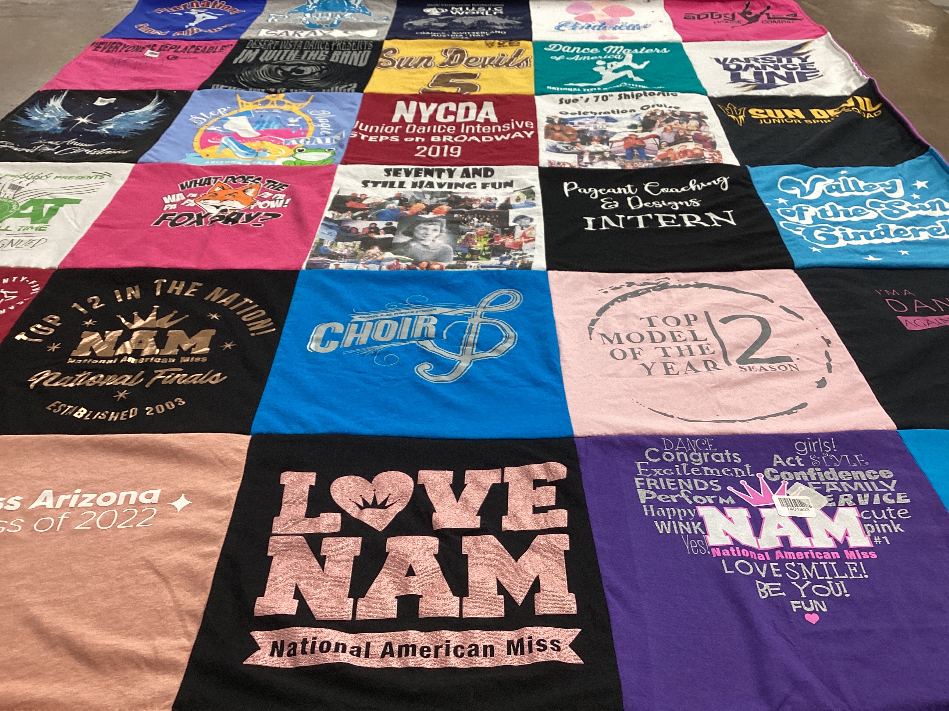 T-shirt quilt with pageantry, dancing themes by Saray from AZ