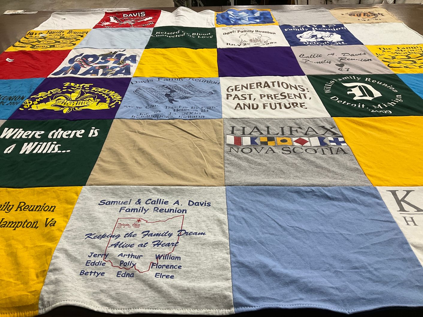 T-shirt quilt with family history, genealogy themes by Raymond from OH