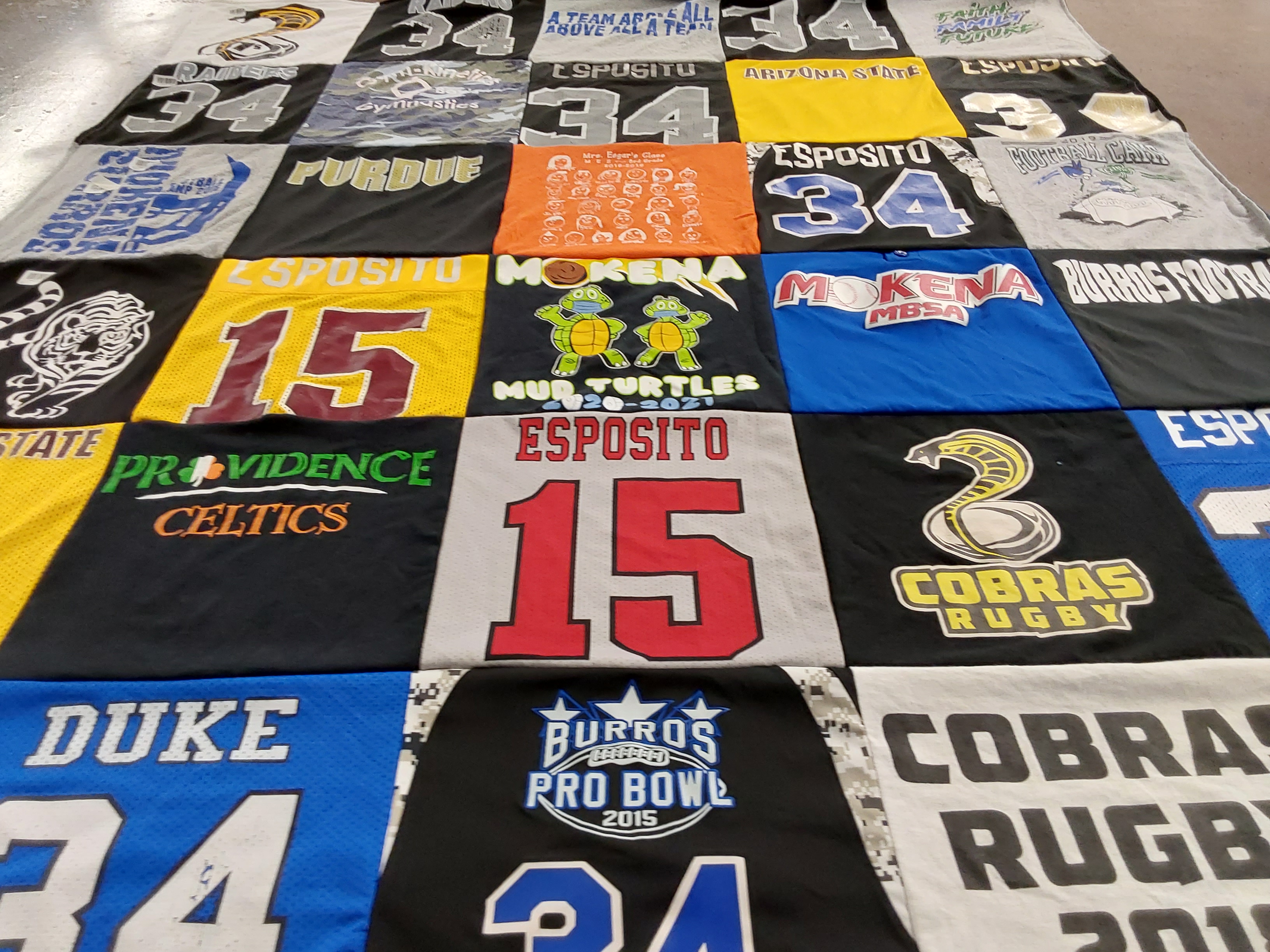 T-shirt quilt featuring cobras rugby, burros football by Anita from IL