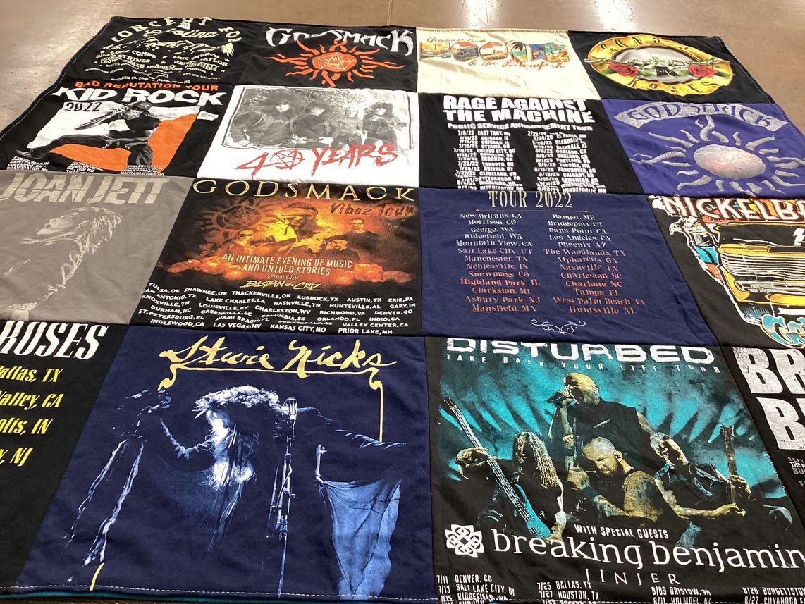 T-shirt quilt with music, concerts themes by Casey from NC